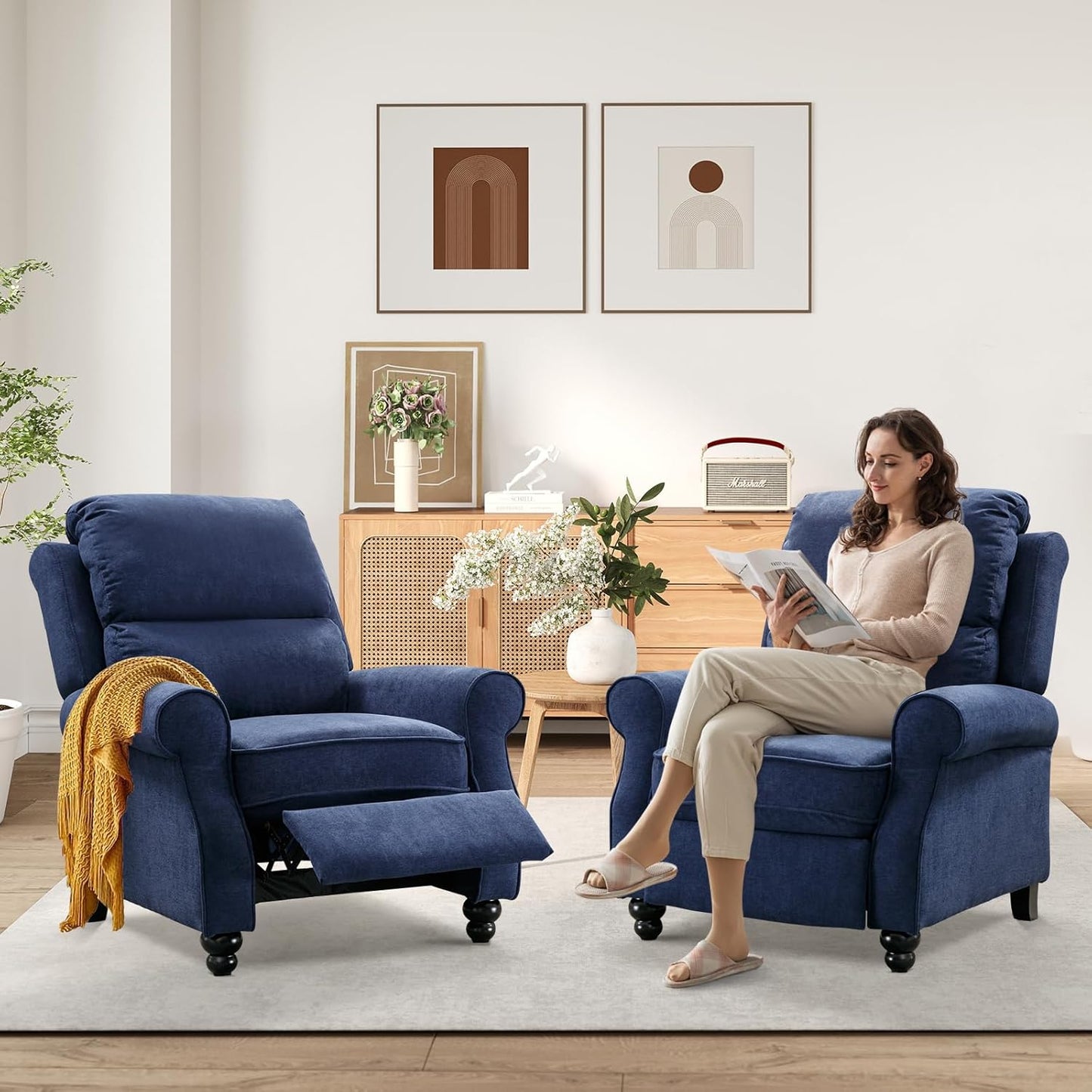 Bonzy Home Pushback Recliner Chair Set of 2, Push Back Reclining Chair with Padded Seat, Comfy Fabric Recliner for Living Room Bedroom Home Theater, Navy Blue