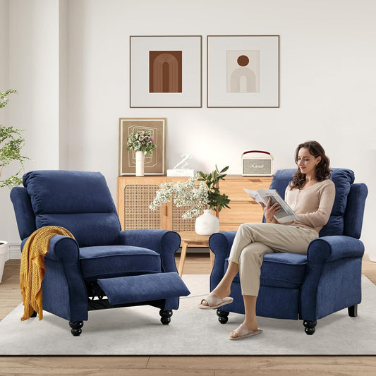 Bonzy Home Pushback Recliner Chair Set of 2, Push Back Reclining Chair with Padded Seat, Comfy Fabric Recliner for Living Room Bedroom Home Theater, Navy Blue