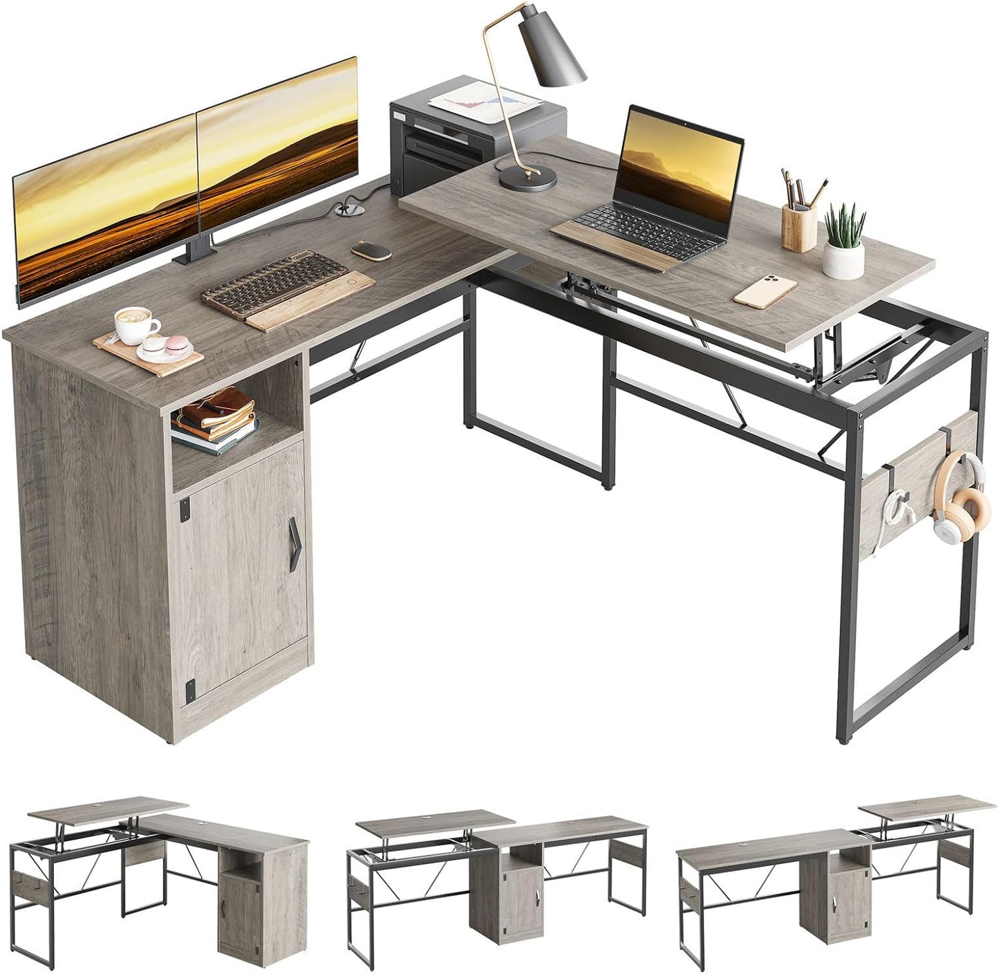 Bestier L Shaped Standing Desk Adjustable Height, 60" Corner Computer Desk with Storage File Cabinet, 95.2" Long and Large Reversible Office Desk with Lift Top, Washed White