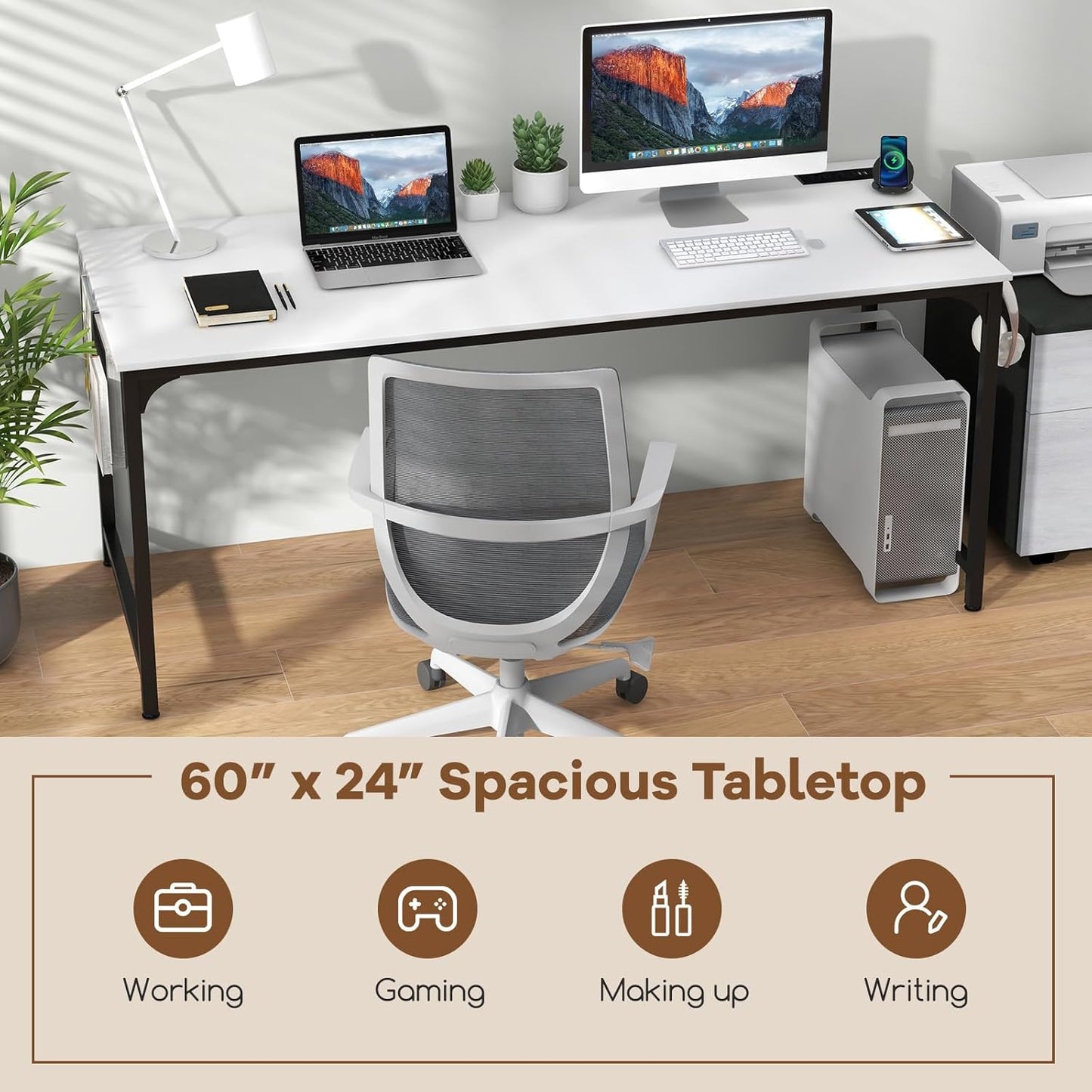 Tangkula 60” Large Computer Desk with Charging Station, Modern Simple Study Writing Desk with Storage Bag, Headphone Hook, Sturdy Metal Frame, Home Office Workstation