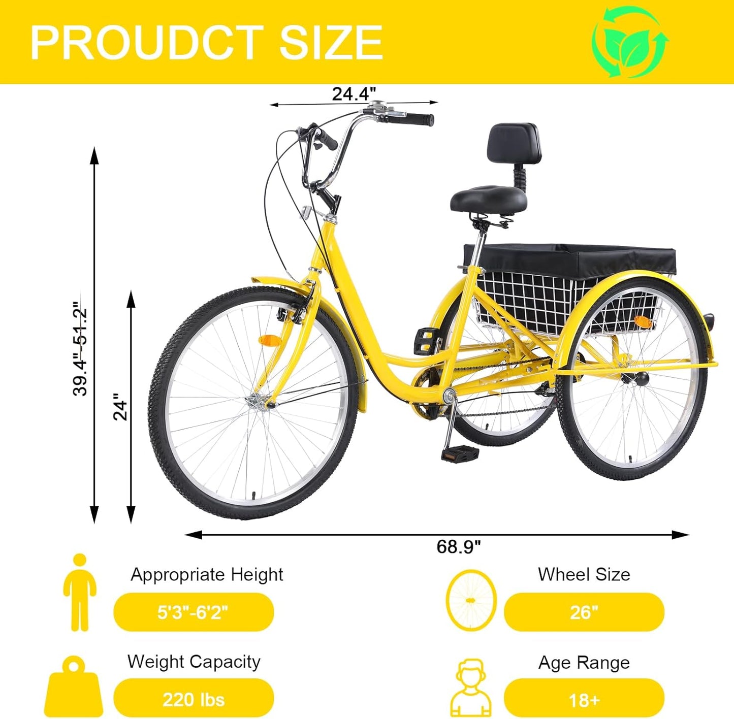 Adult Tricycle Bike 7 Speed, 24/26 Inch 3 Wheel Bikes Tricycle for Adults, Adult Trike for Women/Men/Seniors, Cruiser Bike w/Rear Basket for Shopping/Recreation/Picnic