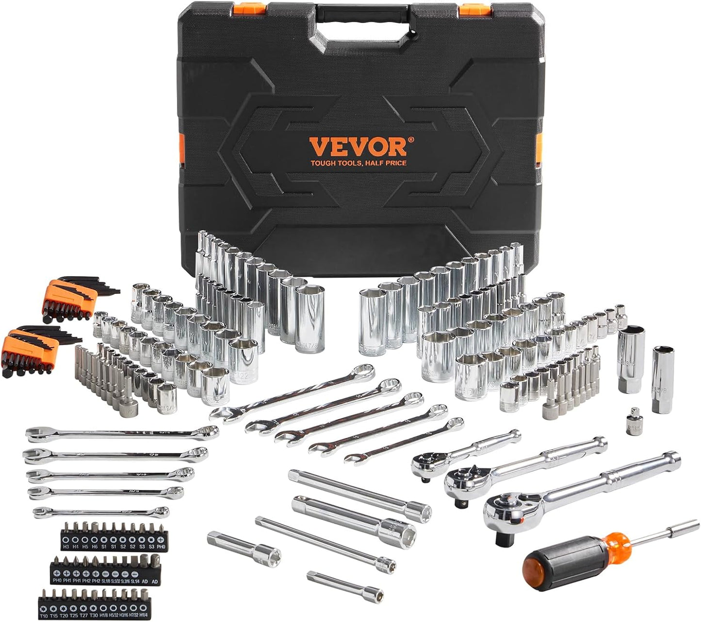 VEVOR Mechanics Tool Set, 1/4" & 3/8"& 1/2" Drive Deep and Standard Sockets, SAE/Metric 205 Pcs Mechanic Tool Kit with Bits, Combination Wrench, Hex Wrenches, Accessories, Storage Case