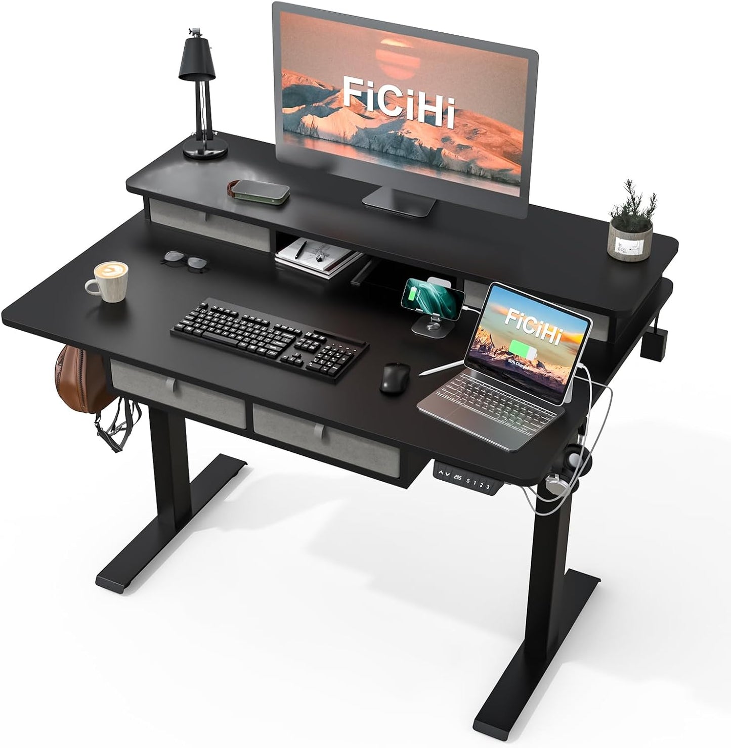 Adjustable Height Standing Desk with 4 Drawers & Wheels,63 x 30 inches Electric Sit Stand Home Office Desk with Two Tiers, 3 Memory Presets, Monitor Stand Riser, USB A/C Charging Port