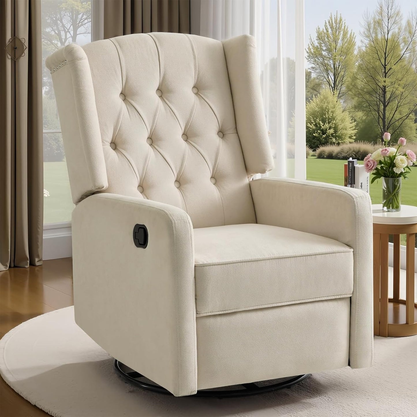 ABAKAN Swivel Rocker Recliner Chair, 360 Degree Nursery Rocking Recliner, Linen Glider Chair with Button Tufted Wingback Chair, for Living Room, Bedroom,Ash Beige