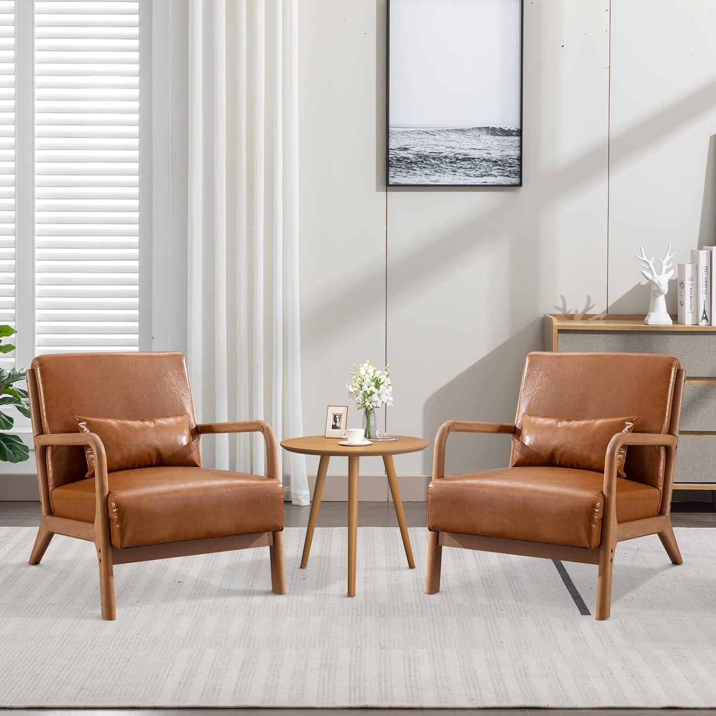 ANJ Modern Arm Chairs Set of 2, Mid-Century Modern Accent Chair Upholstered Lounge Chair with Pillow and Solid Wood Frame, Comfy Lambswool Chairs for Living Room