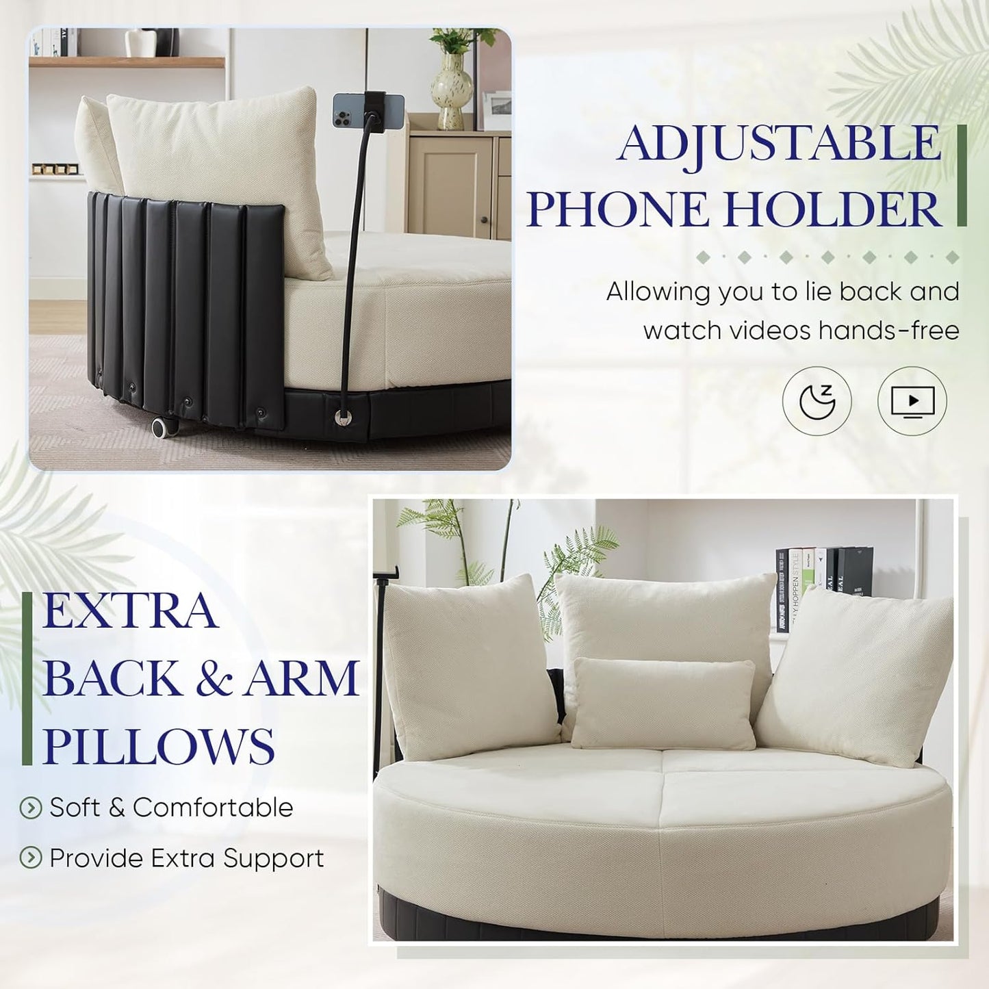 SLEERWAY Oversized Round Swivel Accent Chair, Large Circle Barrel Chair and A Half, Comfy Upholstered Lazy Sofa Couch with Phone Stand/Wheels, Chaise Lounge Daybed for Living Room, Bedroom, Beige