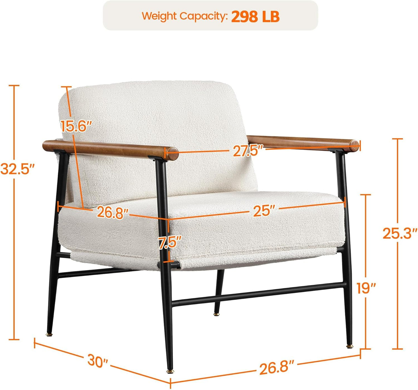 Topeakmart Mid-Century Boucle Accent Chair, Reading Chair with Stylish Boucle Fabric, Lounge Chair with Ultra-Long Armrest and Extra-Wide Seat for Living Room Lounge Office, Ivory, 2PCS