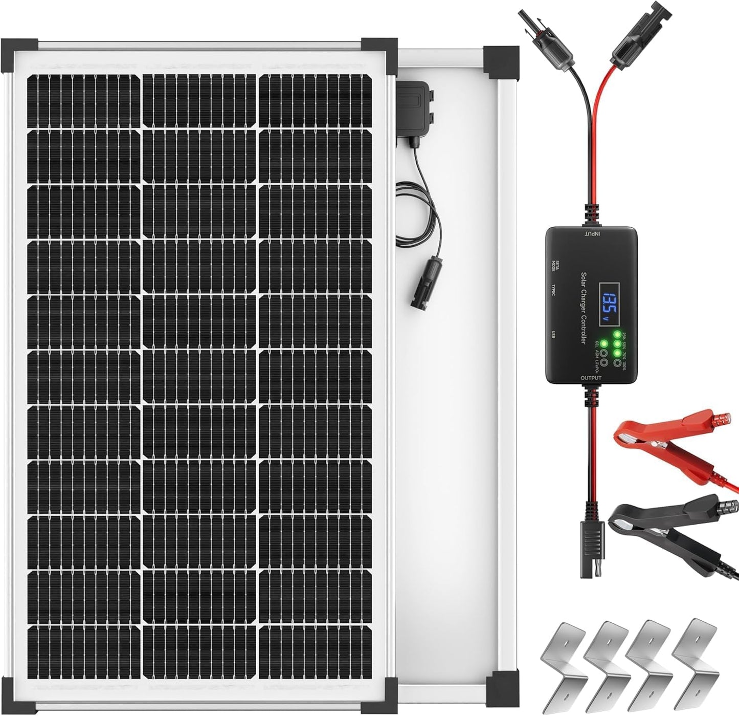 Solar Panel Kit 30W 12V, Solar Battery Trickle Charger Maintainer, Waterproof Solar Panel + Upgrade Charge Controller + Adjustable Mount Bracket for Boat RV Motorcycle Marine
