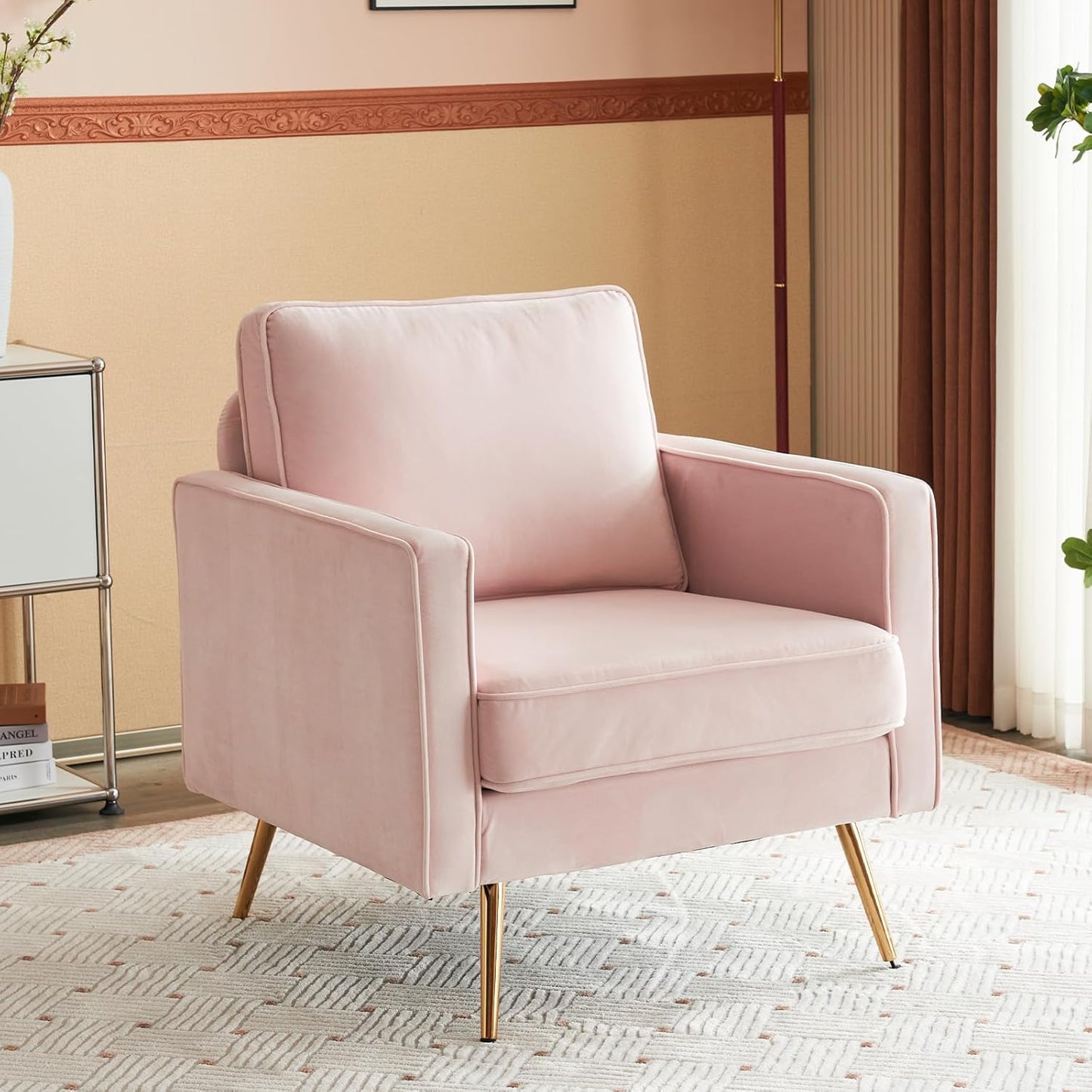 Bonnlo Modern Accent Chair, PU Leather Comfy Arm Chair Reading Chair with Golden Metal Legs and Deep Seat for Living Room Bedroom (Cognac, 56.7''W)