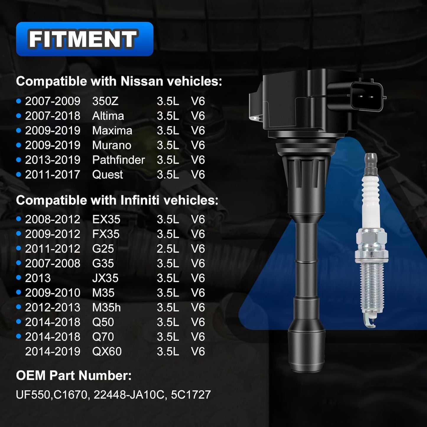 Set of 6 Ignition Coil Packs and Iridium Spark Plug Compatible with Nissan Infiniti Quest Maxima Pathfinder Murano Altima QX60 FX35 Q50 3.5L V6 Replace# UF550, 22448-JA10C, C1670
