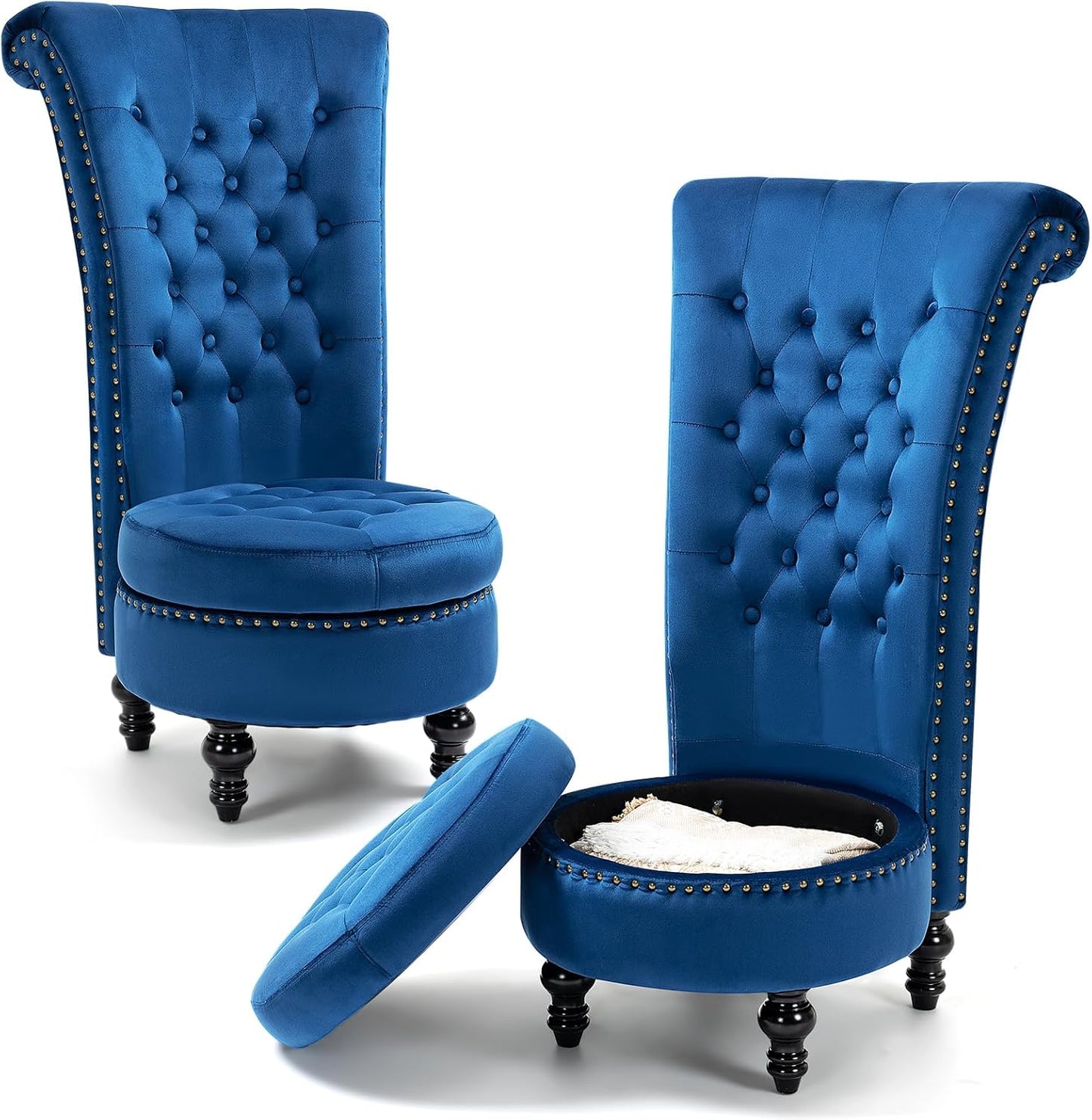 AVAWING High Back Throne Chair Set of 2, Velvet Royal Accent Chair with Button-Tufted Back,Armless Gothic Chair w/Storage, Nailhead Trim Design & Rubber Wood Legs for Living Room & Bedroom, White