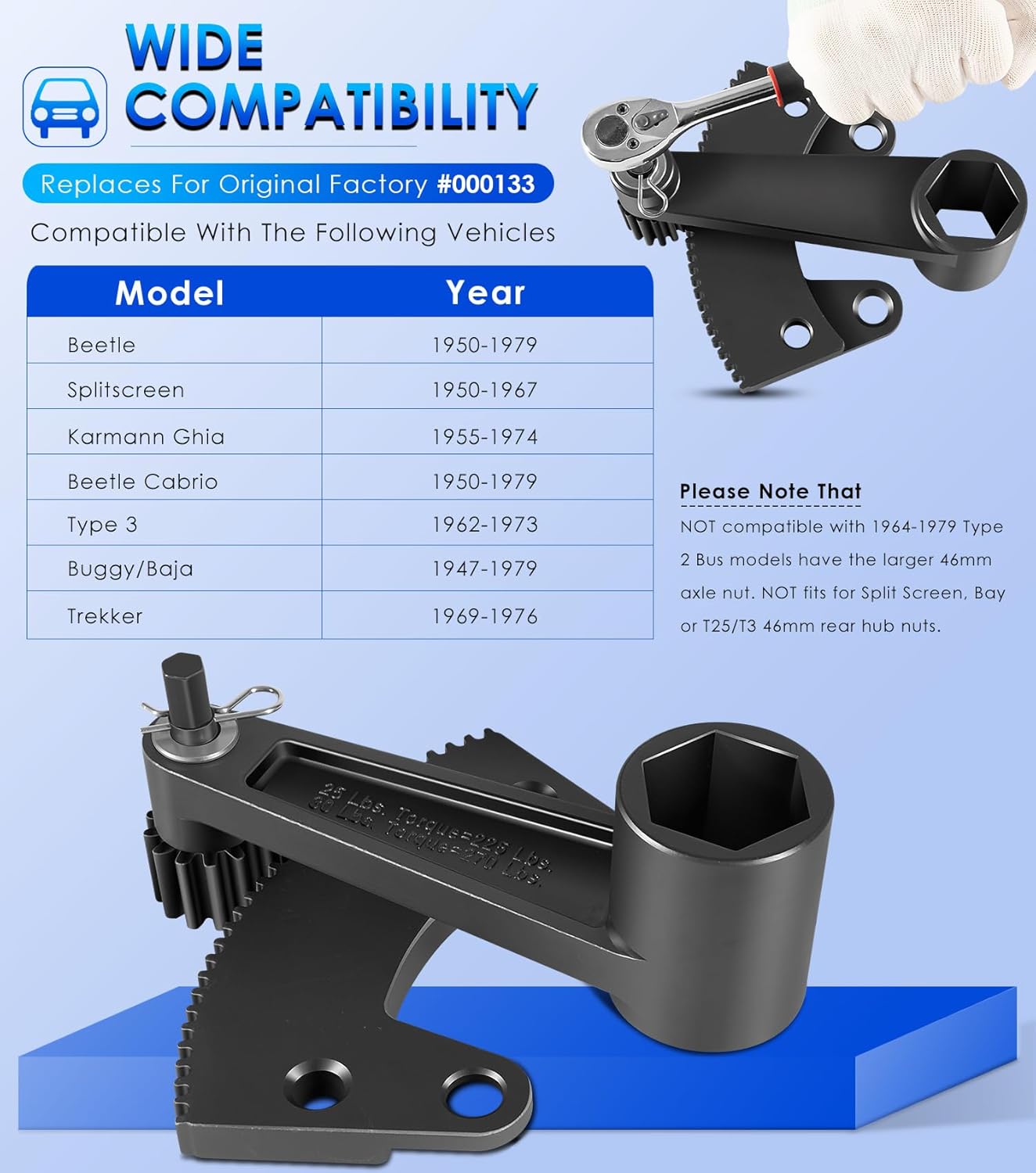 Yoursme Torque Leverage Tool for Classic Vw Bug/Volkswagen Beetle, 000133 Torque Multiplier Leverage Tool Remove Install 36mm Axle Nut and Flywheel Gland Nut
