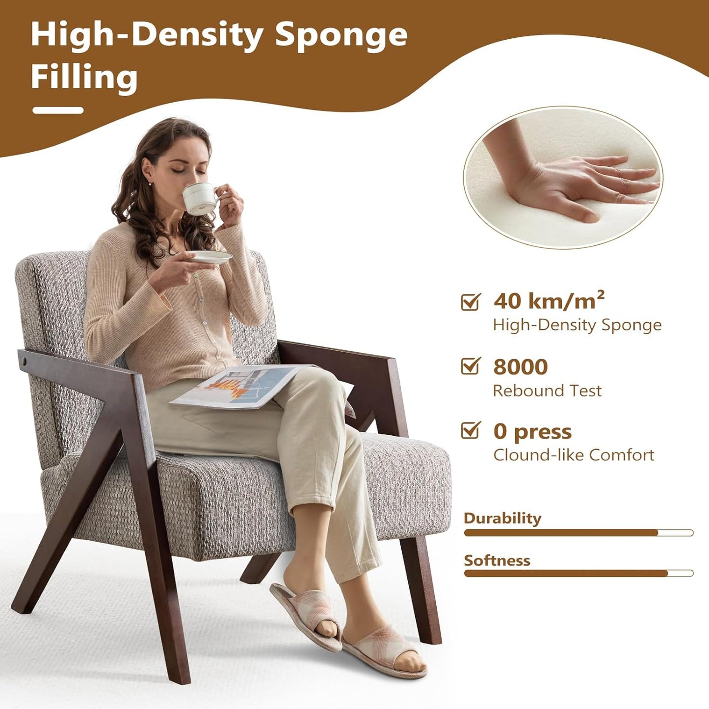 Bonzy Home Mid-Century Modern Accent Chair Set of 2 with Solid Wood Frame, Upholstered Armchair for Bedroom & Living Room,Reading Side Chair with Soft Lien Fabric Cushion,Easy Assembly,Beige