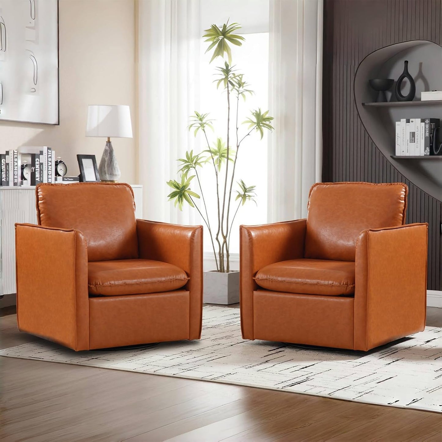 Swivel Accent Chair Set of 2, Leather Upholstered Arm Chair with Back Pillow Mid Century Modern Barrel Chairs for Living Room, Bedroom, Corner, Club (Black)