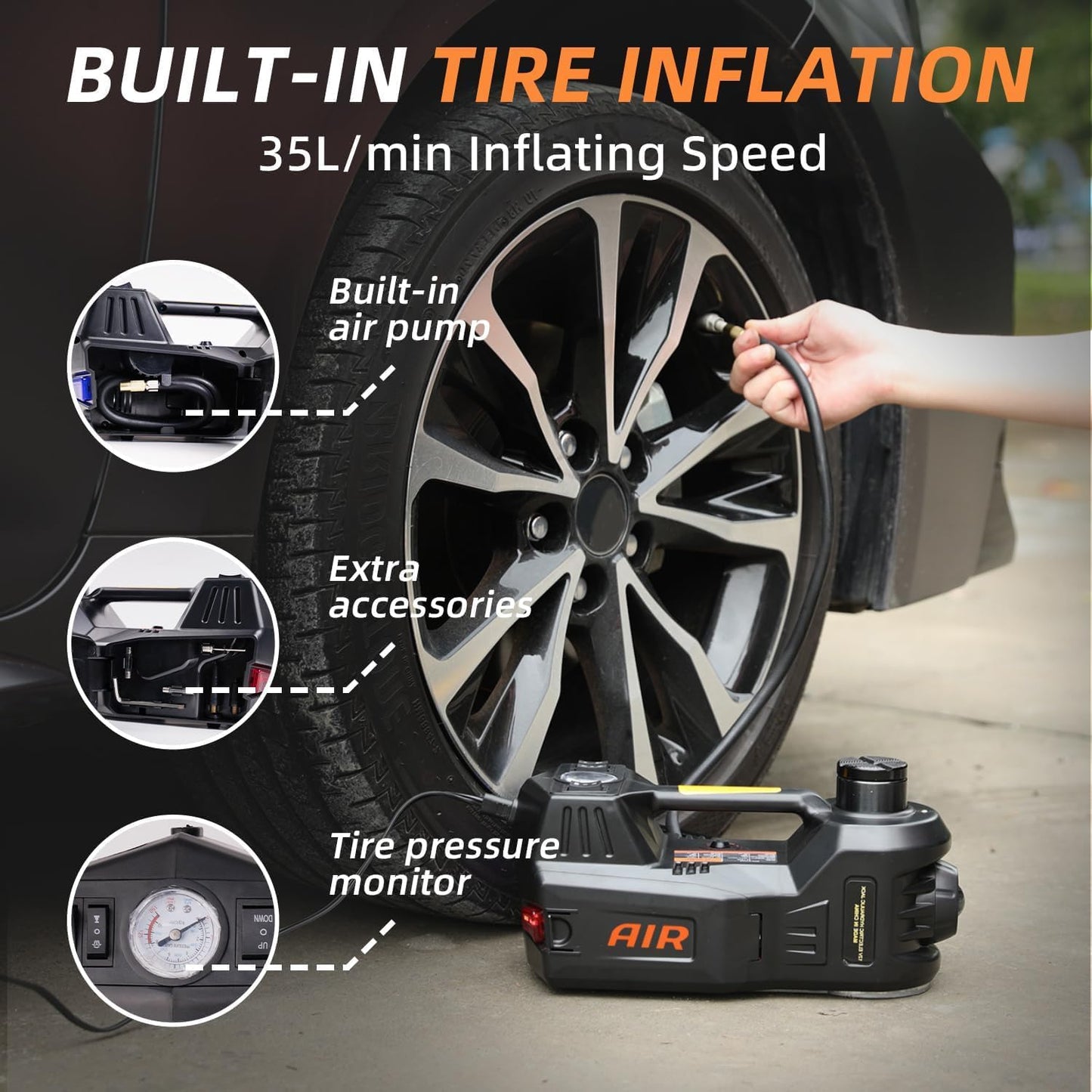 STANDTALL Electric Car Jack Quick Lifting Safe and Portable with Tire Inflator and LED Light Complete Set of Accessories 12V Hydraulic Floor Jack