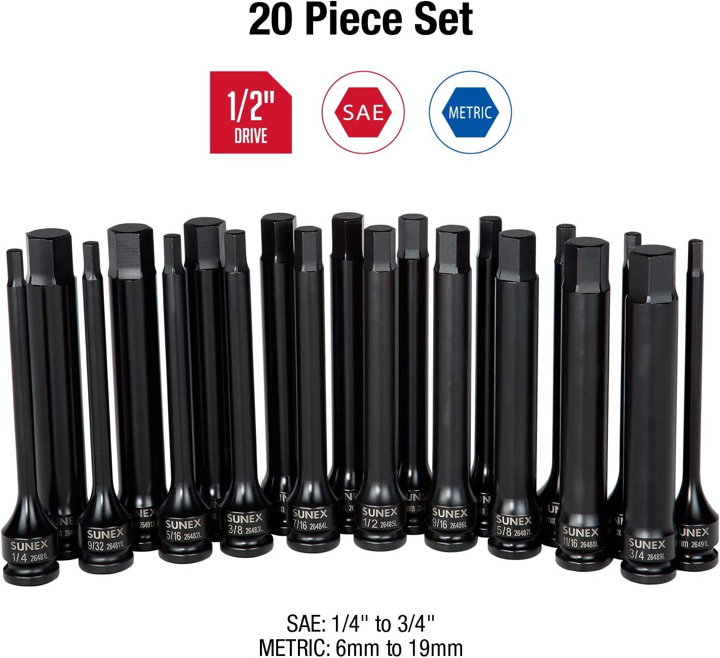 SUNEX TOOLS 2637L 20pc 1/2" Drive Impact Hex Driver Master Set 6in. ¼” to 9/32” and 6mm to 17mm, ,