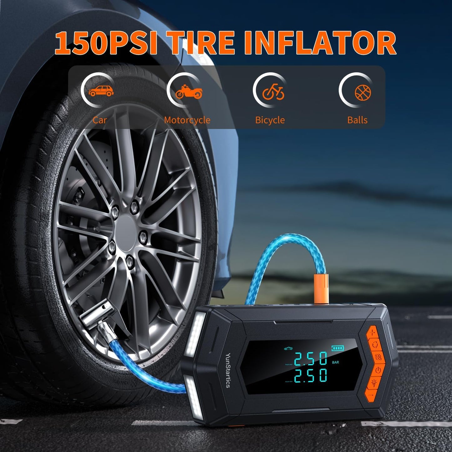 4000A Battery Jumper Starter Portable, Jump Starter with Air Compressor Car Battery Jump Starter with 150PSL Cordless Auto-Shutoff Tire Inflator, 12V Portable Jump Starter for Car