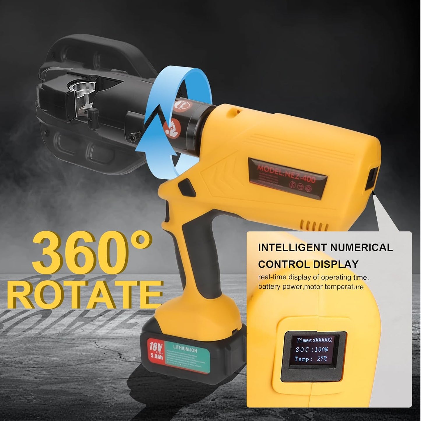 12 Ton Electric Hydraulic Cable Crimping Tool with Digital Display, 11 Dies, 2 Rechargeable 5.0Ah Batteries, for Copper/Aluminum Terminals and Wires
