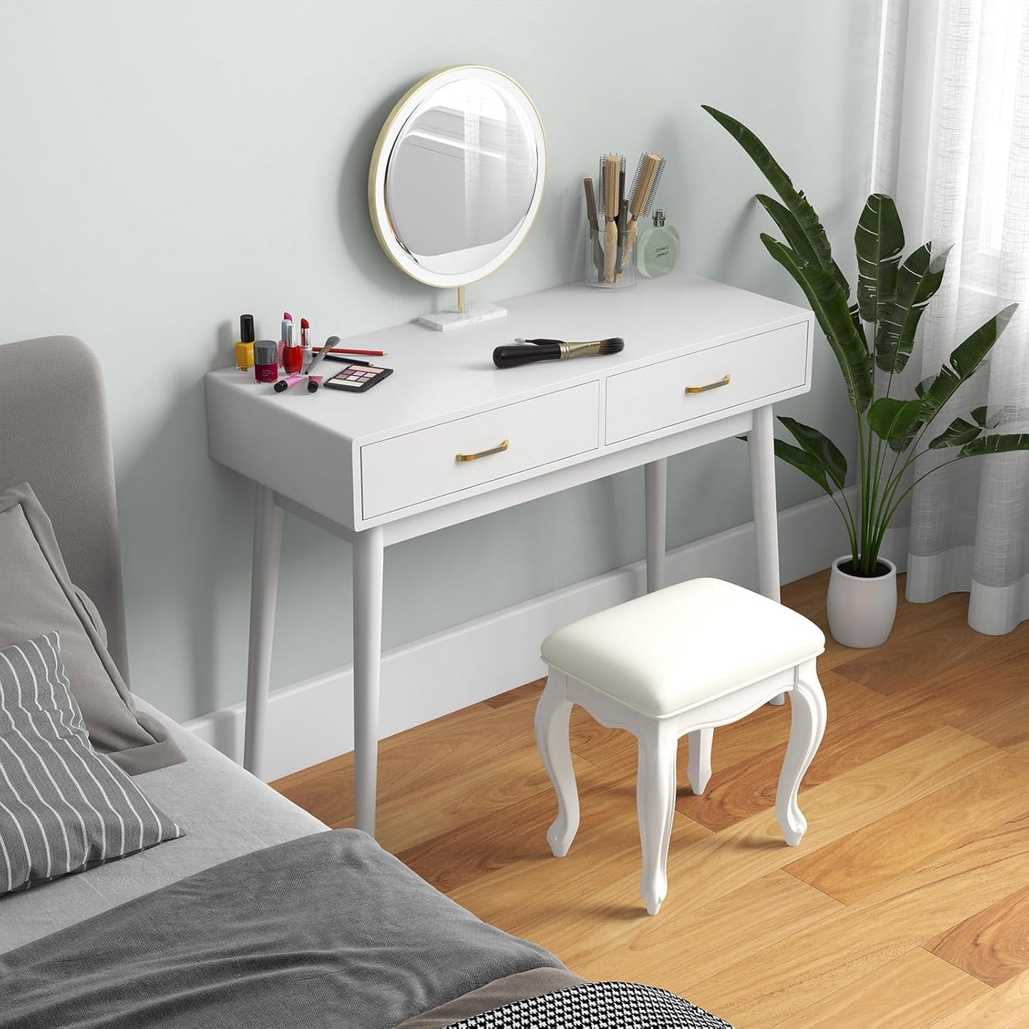 White Small Desk with Drawers - 40 Inch White Home Office Study Writing Desk for Bedroom, Vanity Desk with 4 Solid Legs, Modern Computer Desk for Small Spaces