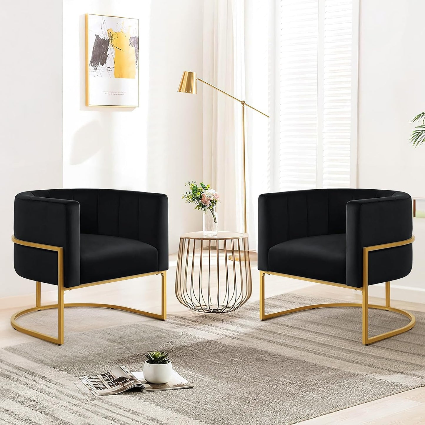 Velvet Accent Chairs, Mid Century Modern Upholstered Round Barrel Chair Metal Gold Stand Comfy Velvet Channel Tufting Armchair for Living Room, Bedroom, Office Easy Assemble (Navy Blue, Set of 2)