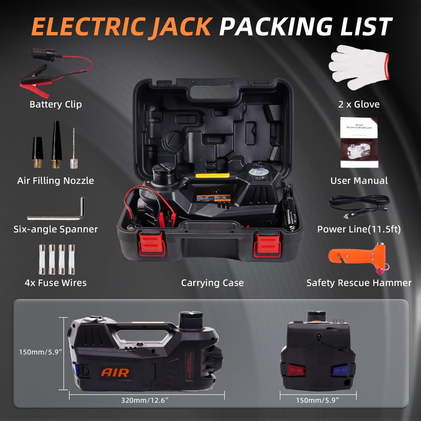 STANDTALL Electric Car Jack Quick Lifting Safe and Portable with Tire Inflator and LED Light Complete Set of Accessories 12V Hydraulic Floor Jack