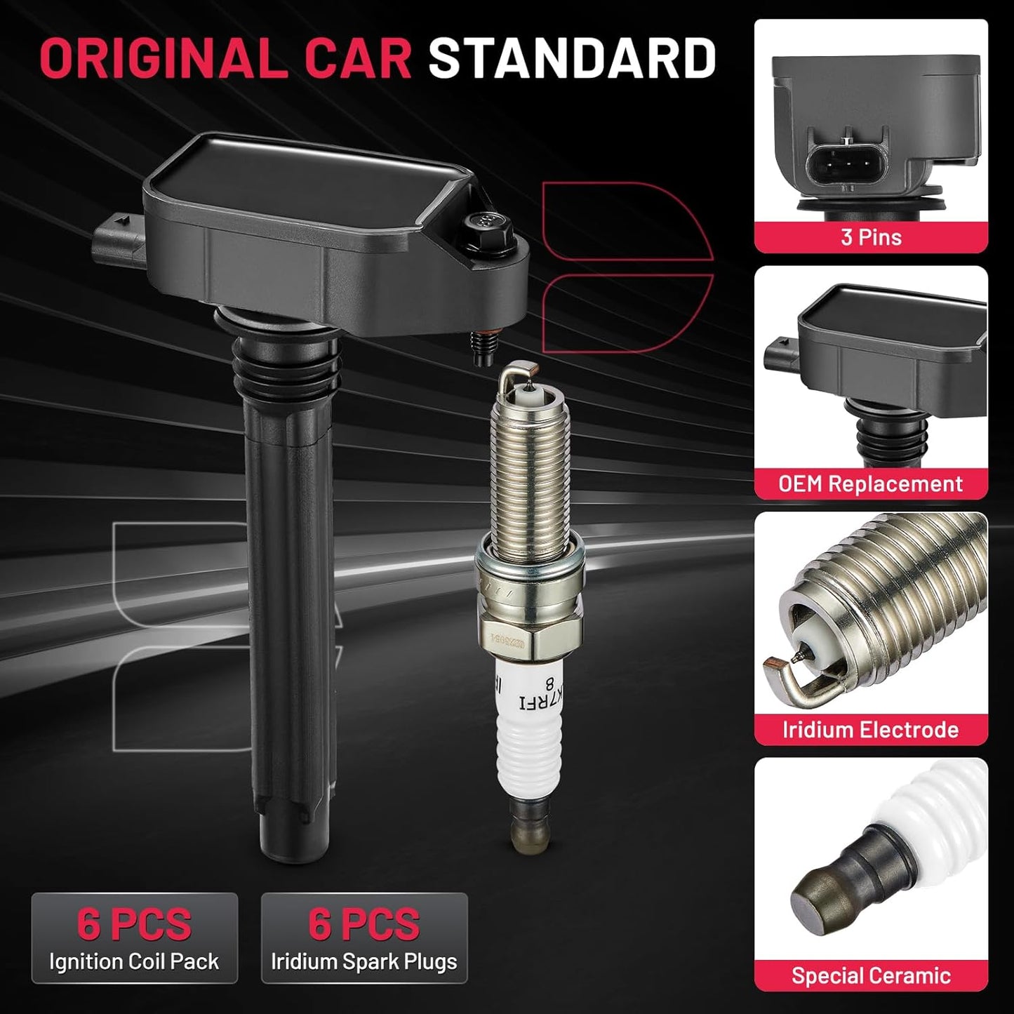 BDFHYK Ignition Coil Pack UF807 and Iridium Spark Plugs 93175 Compatible with Chrysler Pacifica Dodge Durango Jeep Grand Cherokee Wrangler Ram 1500 3.6L V6 68223569AB LKR7DIX-11S, Sets of 6