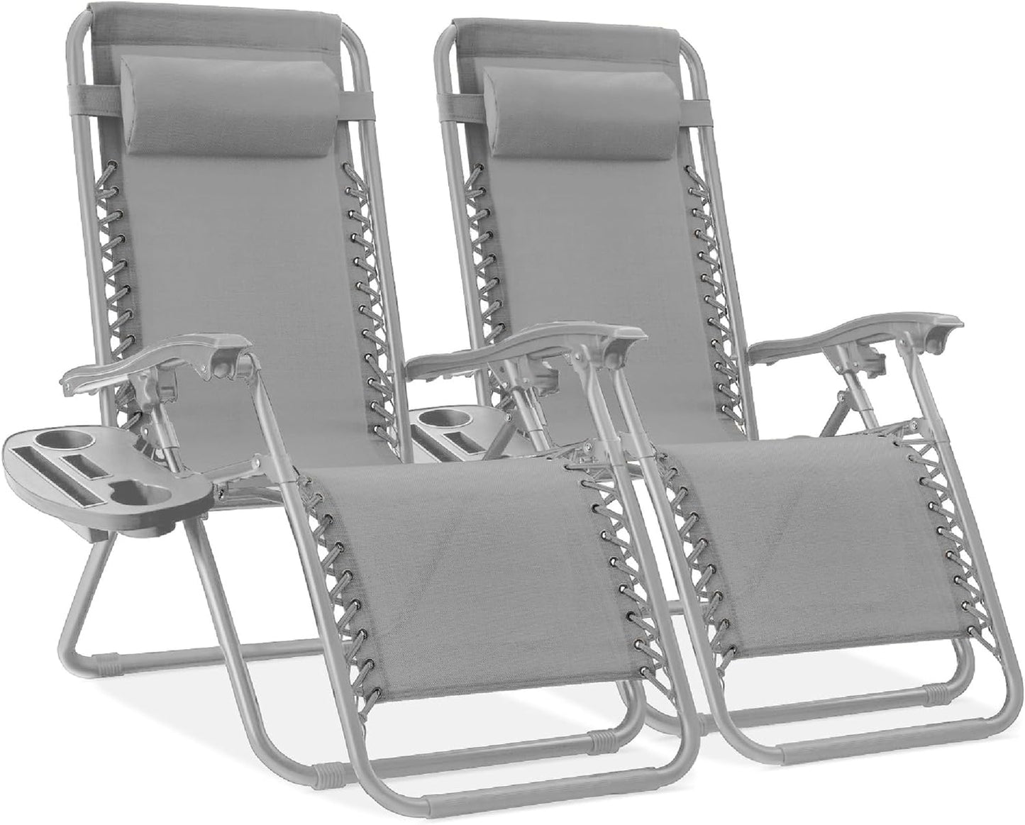 Best Choice Products Set of 2 Adjustable Steel Mesh Zero Gravity Lounge Chair Recliners w/Pillows and Cup Holder Trays - Gray