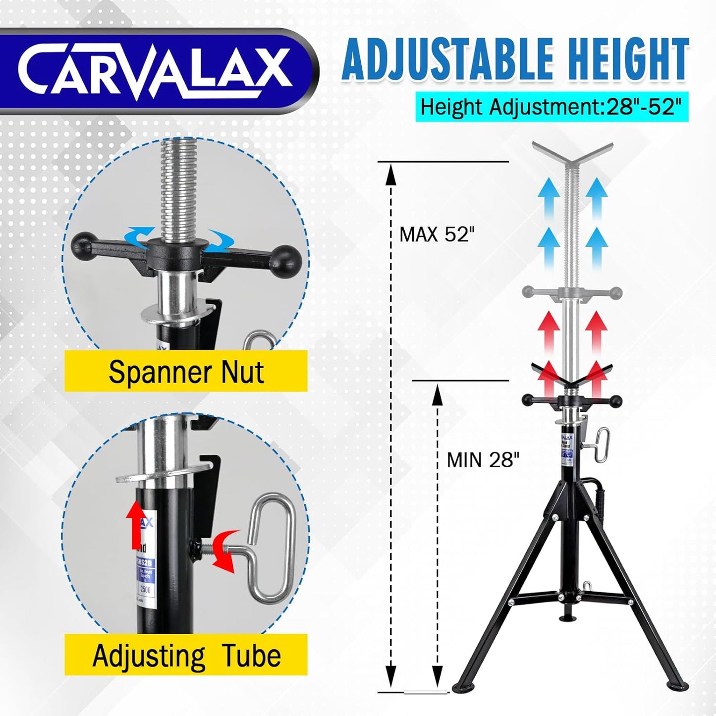 V-Head Pipe Jack Stands, 28"-52" Adjustable Pipe Stand Fits 1/2" - 12" Pipe Capacity w/ 2500LB Load Capacity, Steel Pipe Stand for Welding w/Portable Folding Legs
