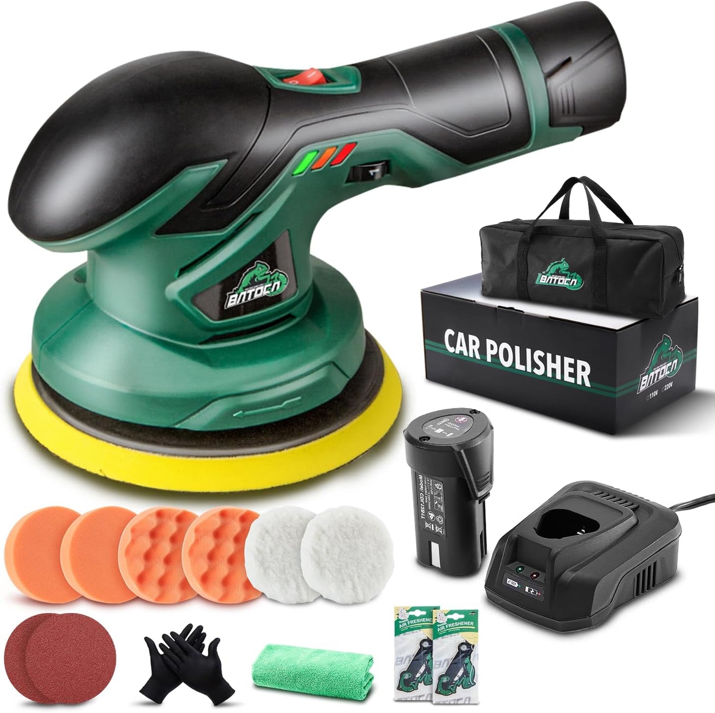 BATOCA - Cordless Car Buffer Polisher - 2pcs 2.0Ah 12V Lithium-ion Rechargeable Battery Powered Brushless Polisher with 6 Variable Speed, DA Orbital Buffer for Car Detailing, Polishing, Waxing