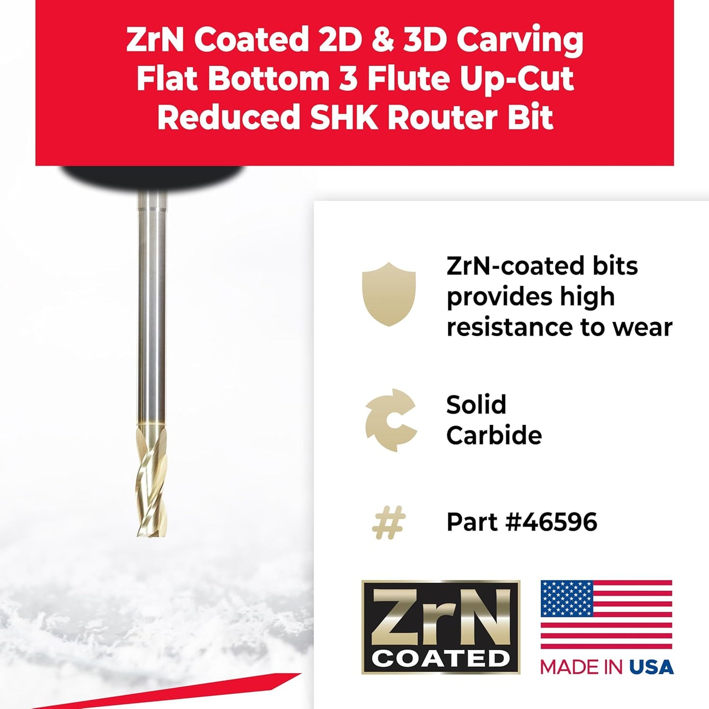 Amana Tool Extra Long CNC 2D and 3D Carving Flat Bottom 0.10 Deg Straight Router Bit, ZrN Coated, 46596, 1/2 Dia x 1-1/4 x 1/2 Shk x 7 Inch L x 3 Fl