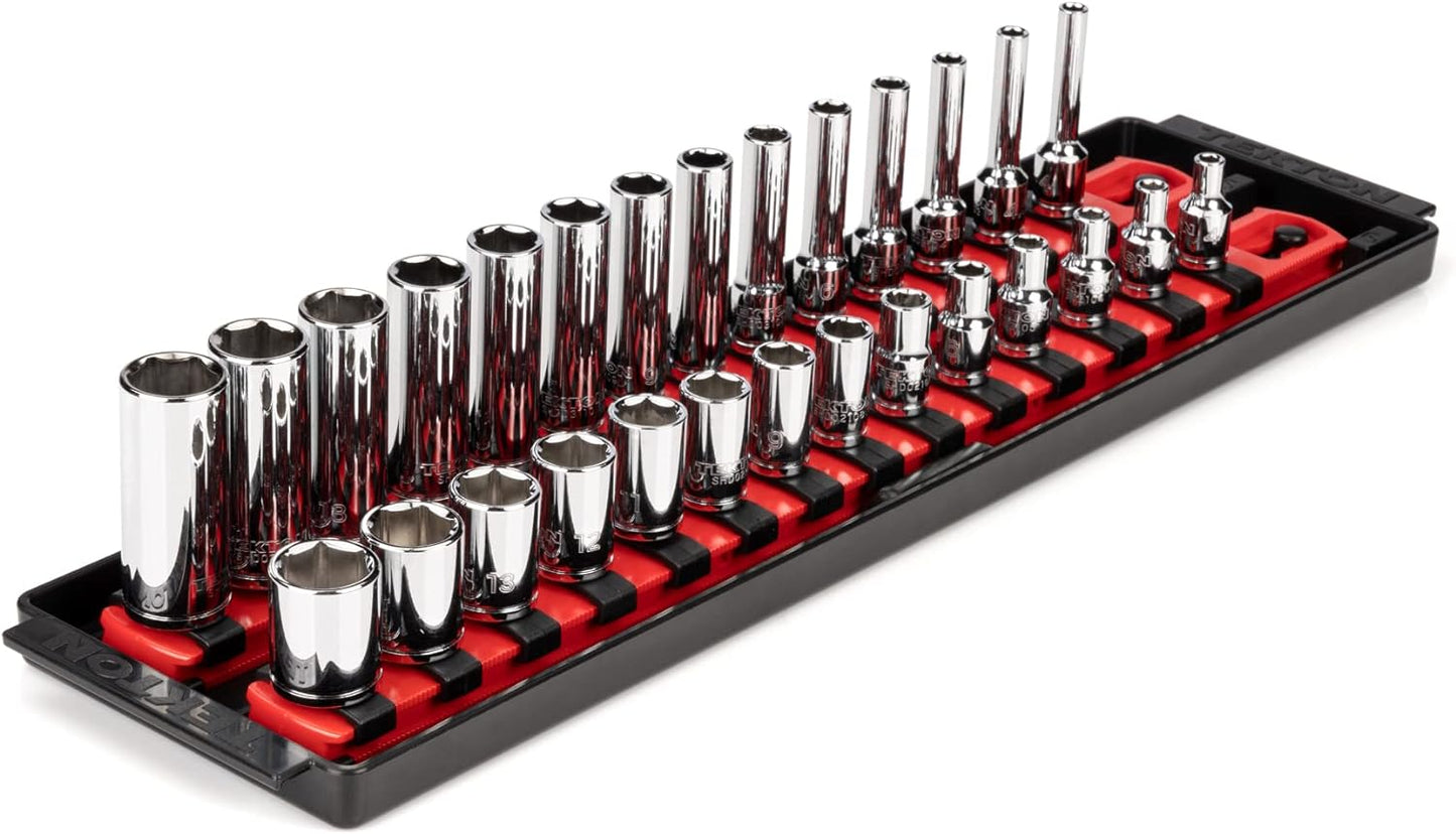 TEKTON 1/4 Inch Drive 6-Point Socket Set with Rails and Trays, 50-Piece (5/32-9/16 in., 4-15 mm) | SHD90215