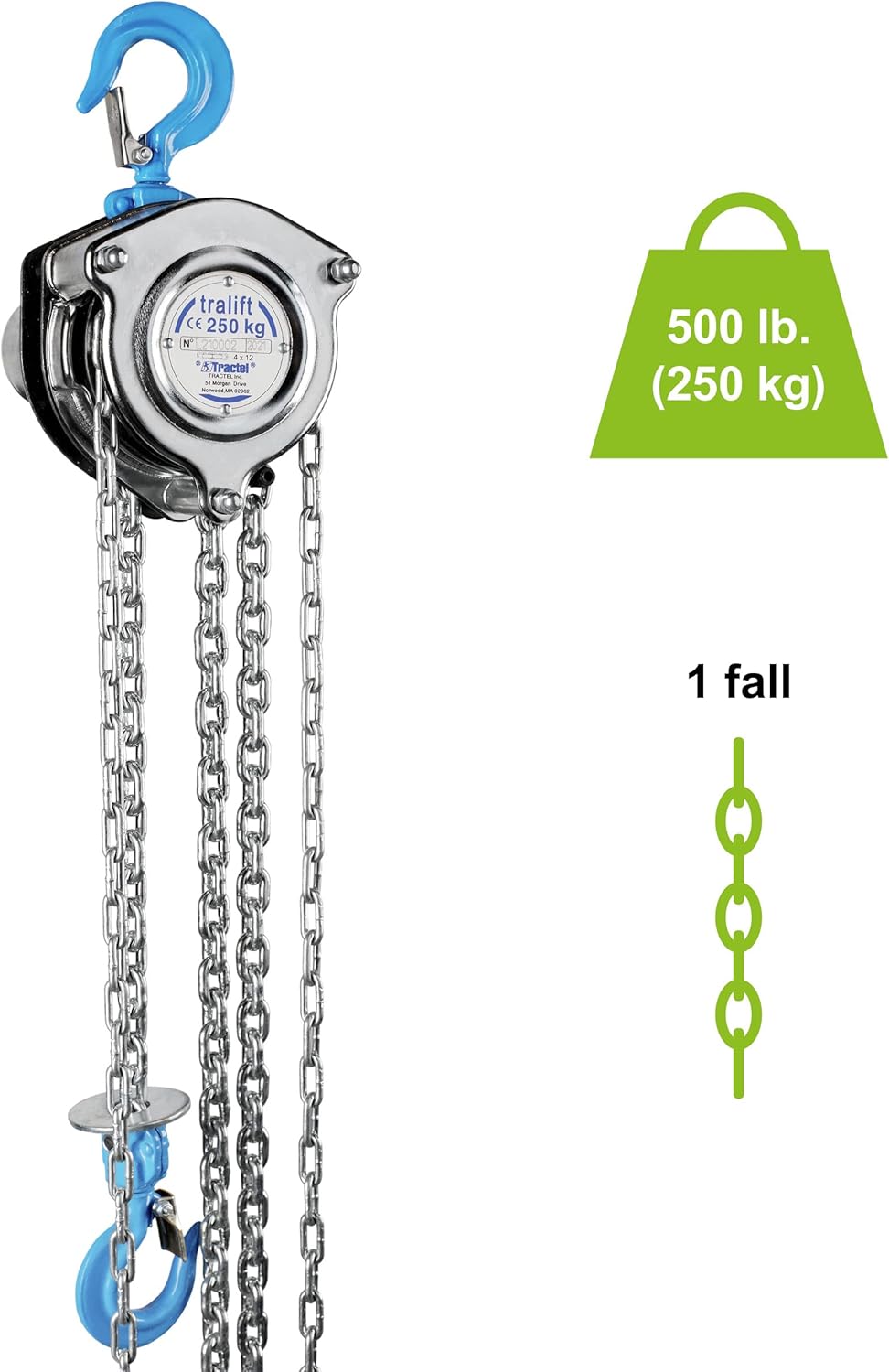 Tractel Manual Chain Hoist | 1/4 Ton - 500 lbs Capacity | 10 ft Steel Chain | Industrial-Grade Steel for Construction, Workshops, Garages | Tralift 56429