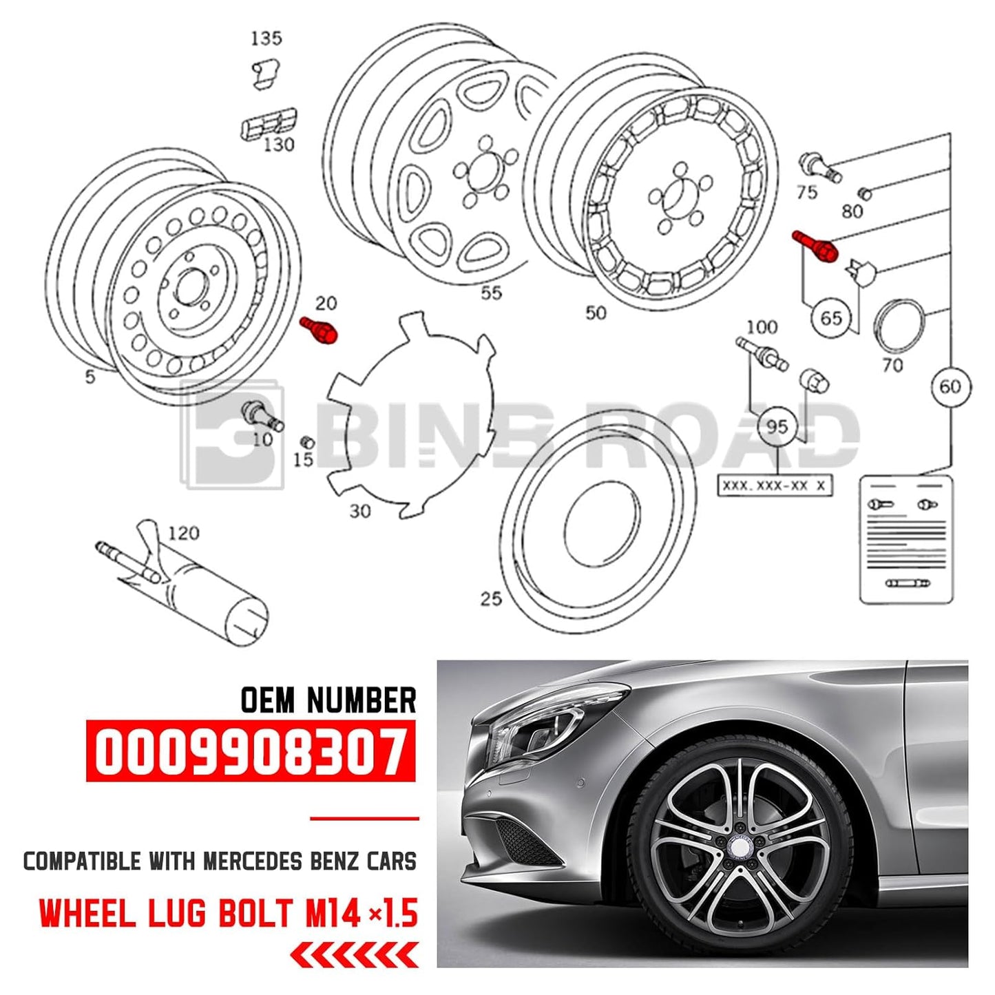 20Pcs M14 x 1.5 Wheel Lug Bolts Nuts 0009908307 Compatible with Mercedes Benz C300 E350 CLA250 GL350 ML350 SLK350 W204 W211 C209 W164 W251