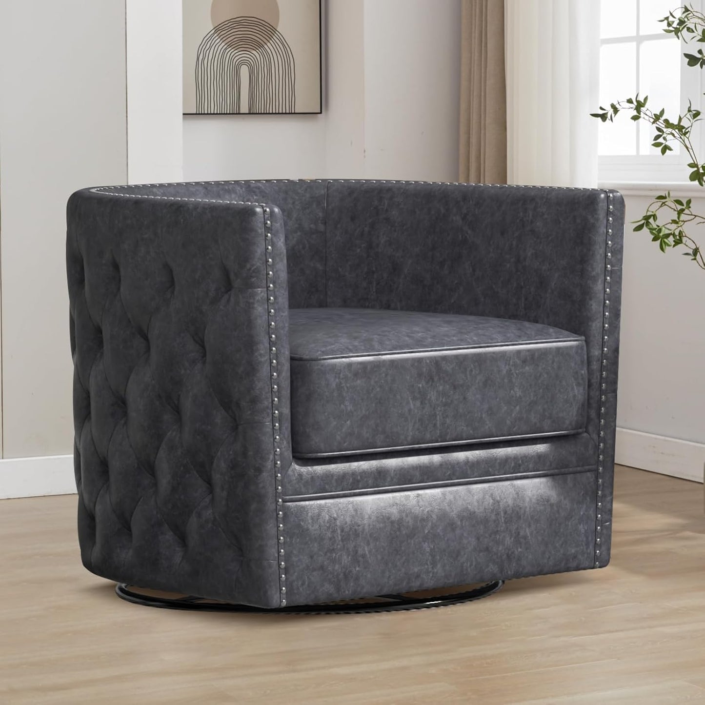 Simore Faux Leather Swivel Barrel Accent Chair Set of 2 for Living Room Bedroom, Comfy Modern Round Swivel Chair with Removable Pillow, Dark Brown