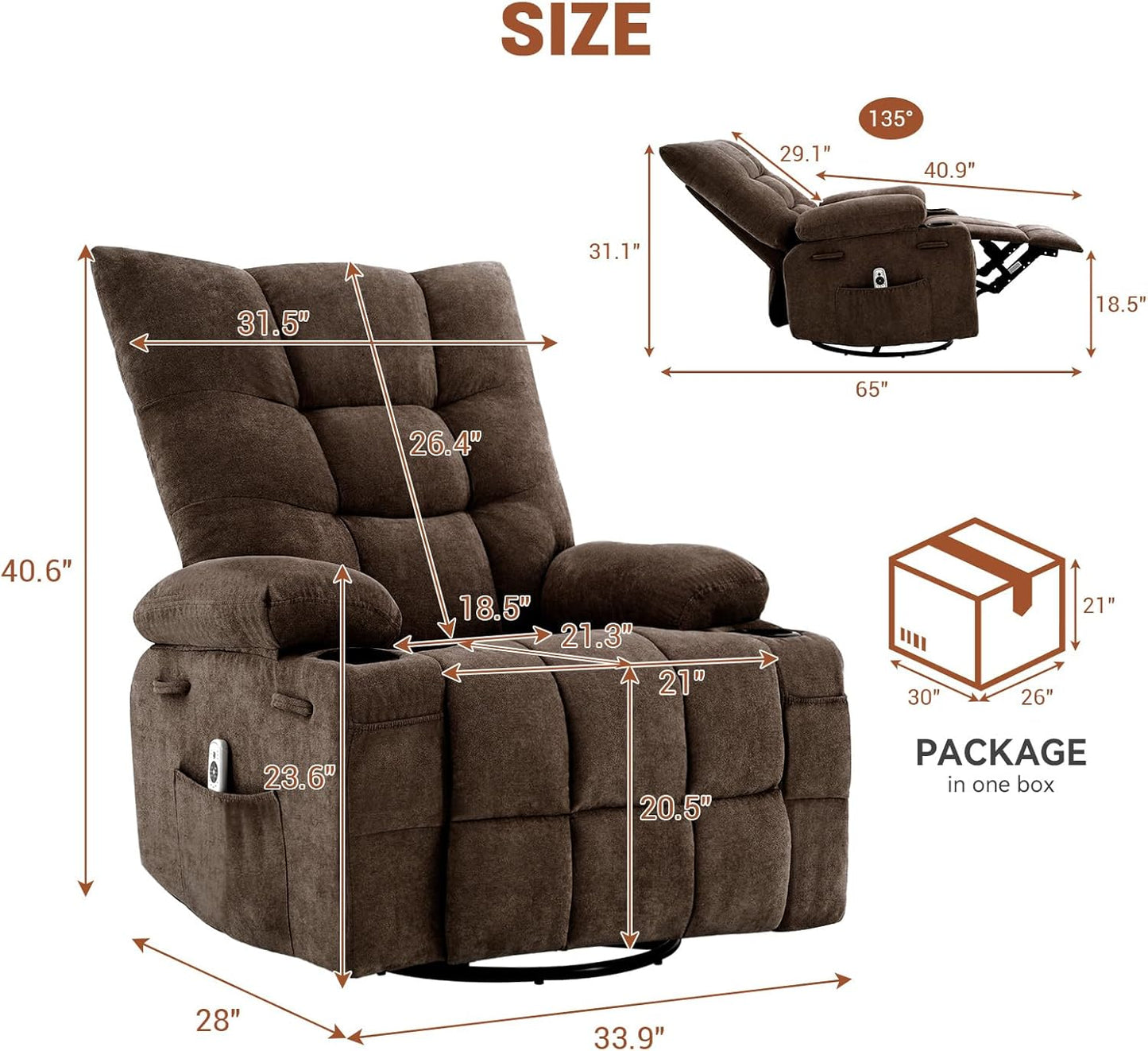 Swivel Rocker Recliner Chair with Heat and Massage,360 Degree Swivel Rocking Single Sofa with Cup Holders, Oversized Single Sofa Seat, Lazy Boy Recliner Chairs for Living Room