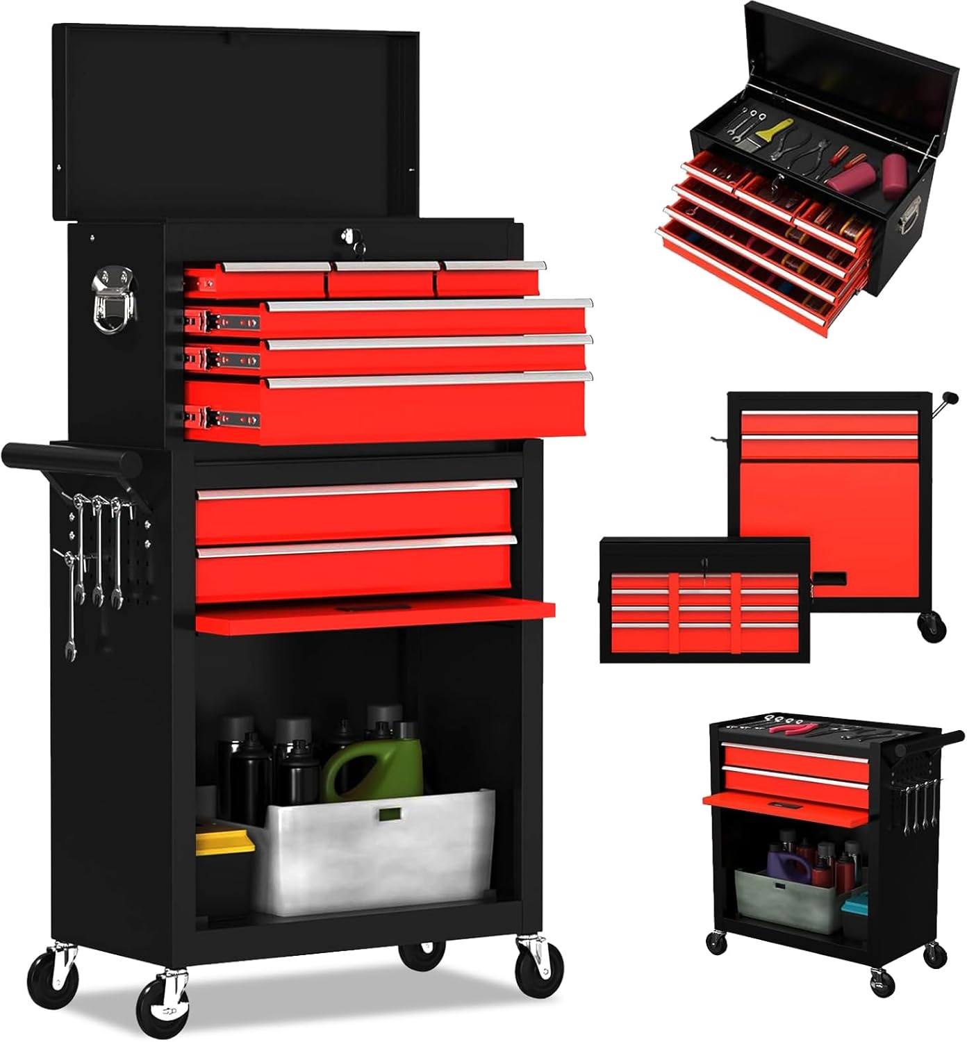 8-Drawer High Capacity Rolling Tool Chest, Removable Cabinet Storage Tool Box with Wheels and Drawers, Detachable Toolbox with Lock for Workshop Mechanics Garage (Black)