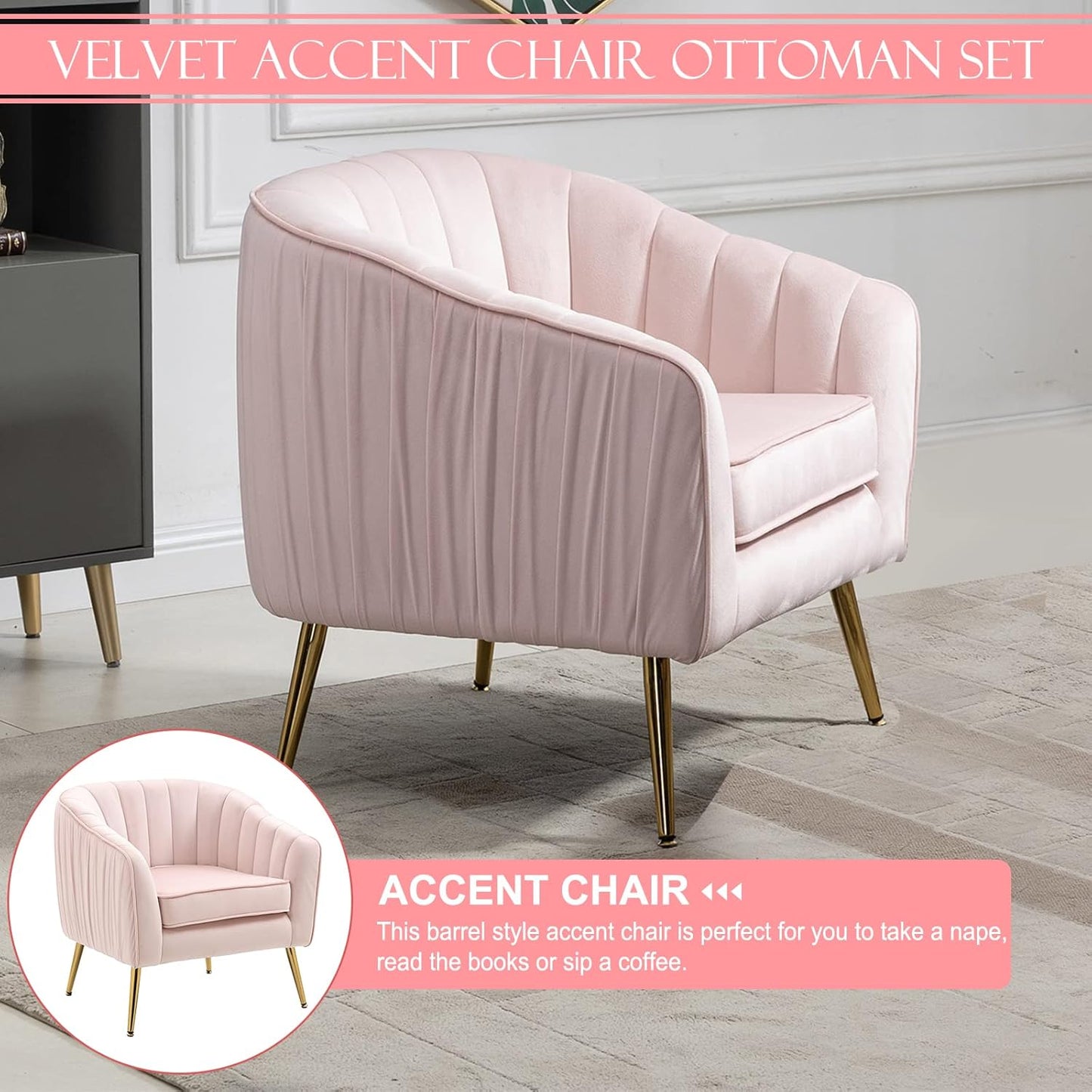 Velvet Accent Sofa Chair with Ottoman, Comfy Living Room Chairs with Adjustable Legs, Modern Upholstered Tufted Lounge Barrel Chair Ottoman Set for Bedroom, Home, Office (Pink)