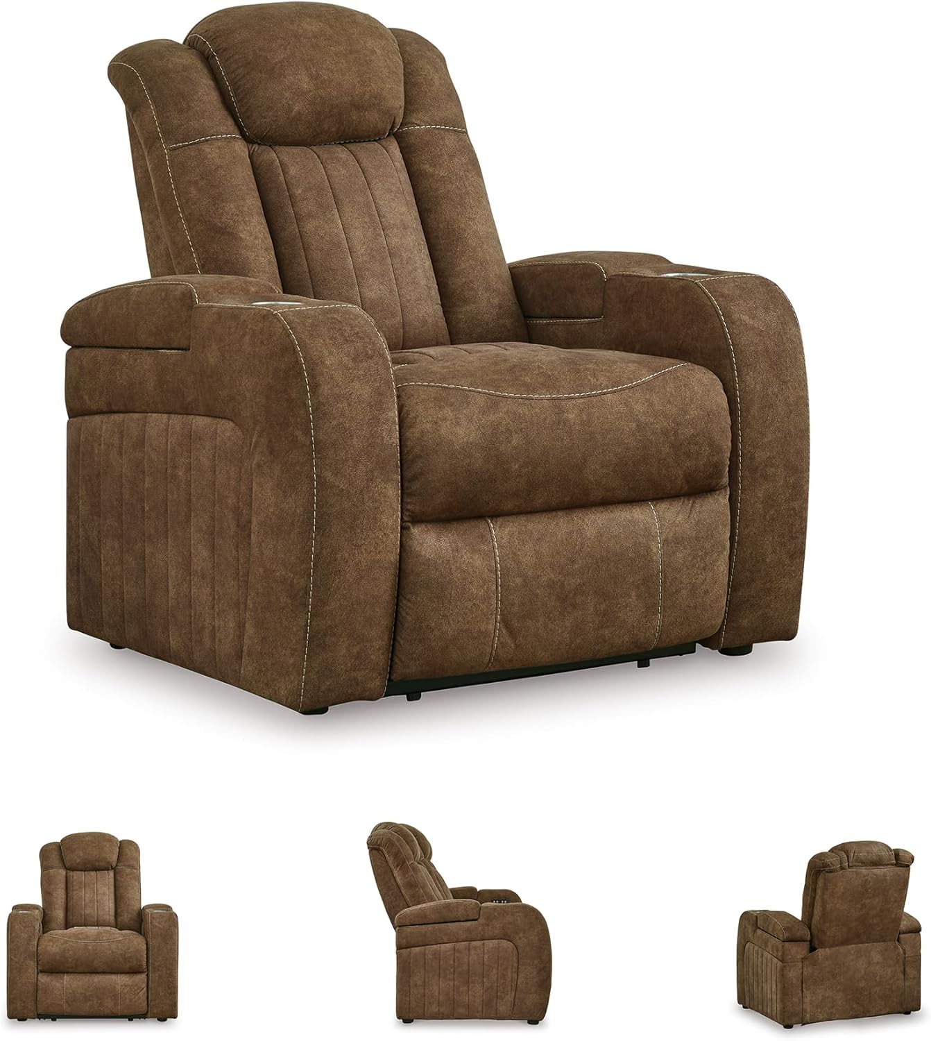 Signature Design by Ashley Wolfridge Contemporary Faux Leather Upholstered Power Recliner with Adjustable Headrest, USB Ports and 2 Cup Holders, Dark Brown