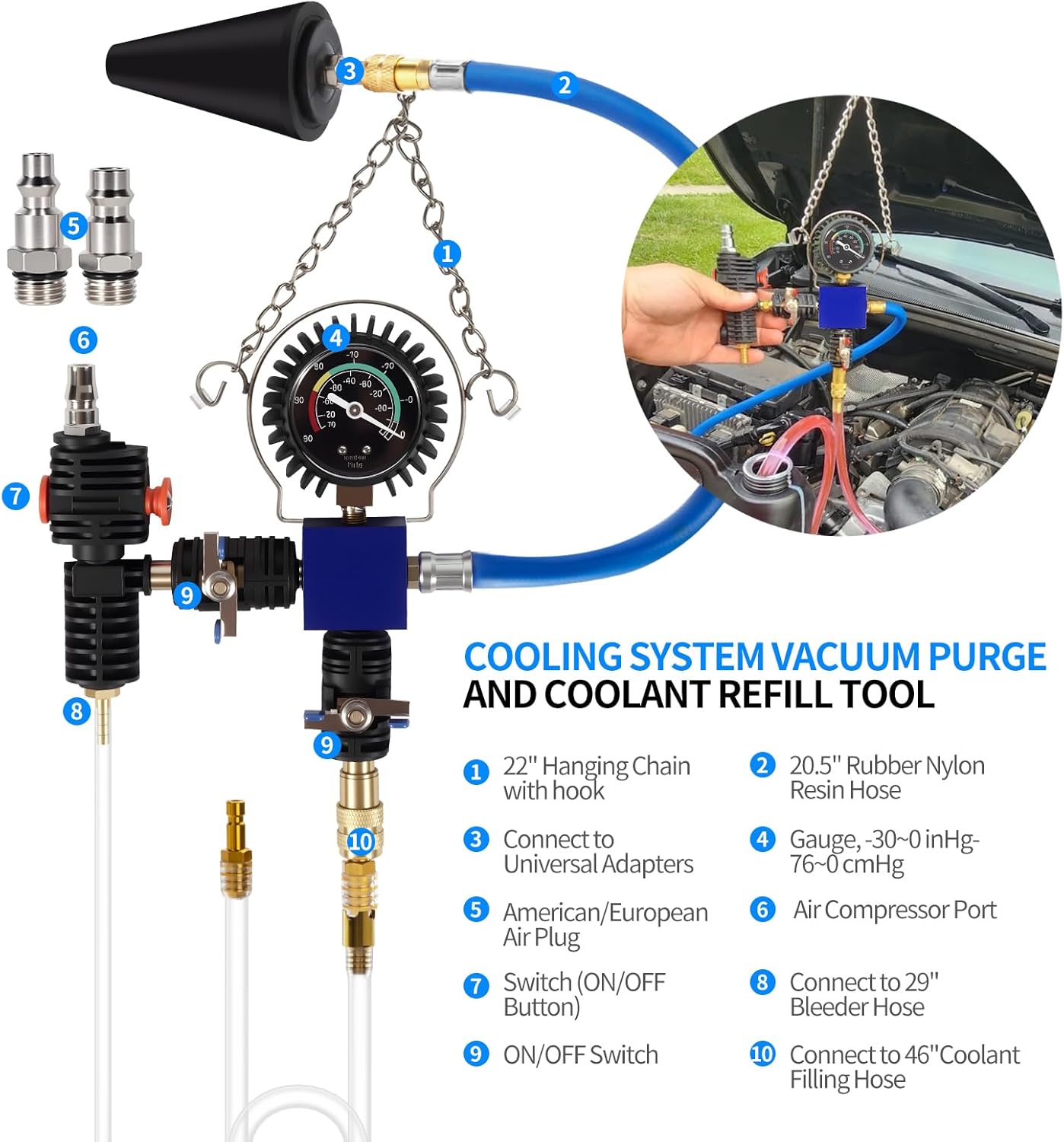 31PCS Coolant Pressure Tester Kit,Radiator Pressure Tester and Vacuum Refill Kit for Automotive Cooling System Water Tank Leakage Detection
