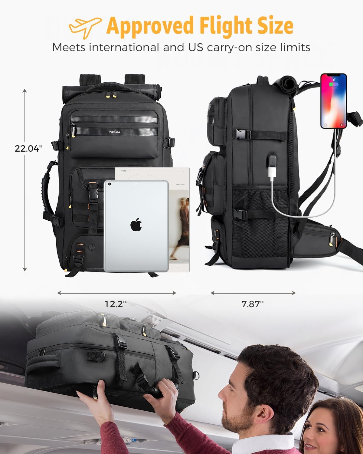 Travel Backpack for Men, 50L Carry On Flight Approved Convertible Duffle Bag with Shoe Compartment, 17 inch Laptop Luggage with USB Charging Port for Weekender Hiking, Black