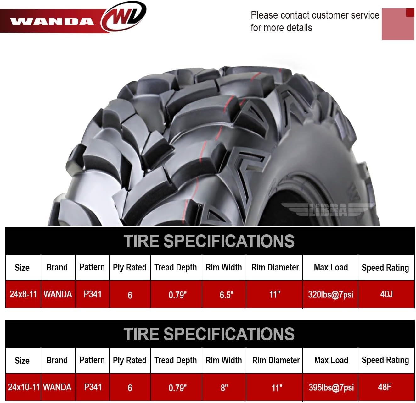 WANDA (Set 4) 24x8-11 24x8x11 & 24x10-11 24x10x11 ATV Tire Set 6-Ply Solid Mud-20mm Deep Tread