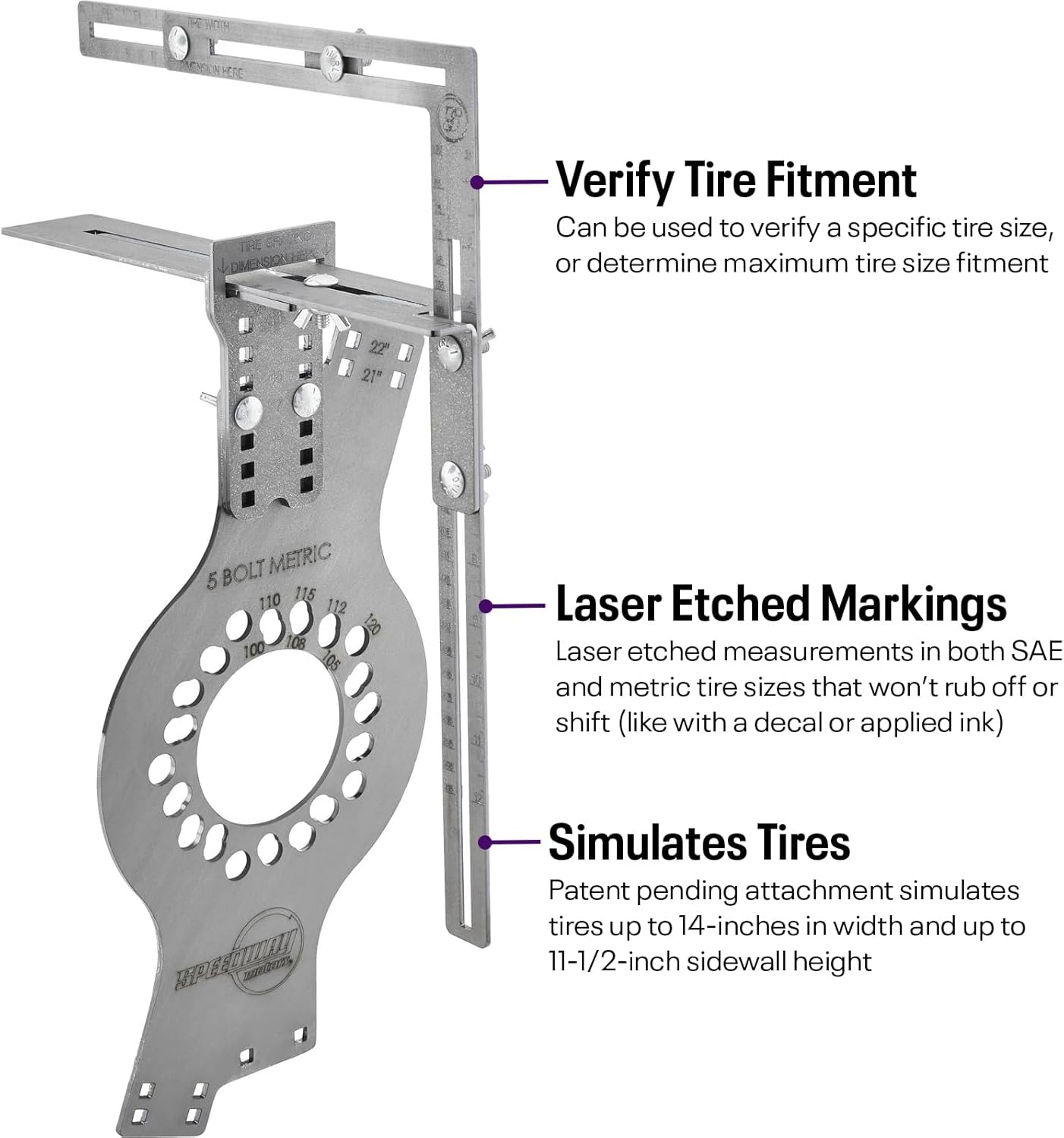 Speedway Motors WheelWise™ 5-Lug Metric Wheel Fitment Tool with Tire Size Attachment, Simulates 14-22 Inch Rim Diameters, 8-14 Inch Widths, 2.5-11.5 Inch Sidewalls, Laser Cut Steel