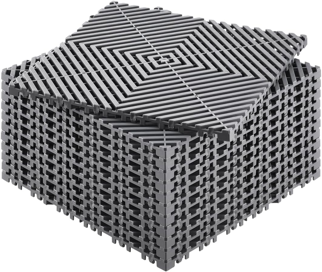 VEVOR Interlocking Drainage Mat, 12” x 12” Modular Interlocking Cushion, 50 Pcs Splicing Drainage Mats, Non-Slip Black PP Drainage Floor Tile and Shower Mat, for Garage, Garden, Kitchen & Outdoor