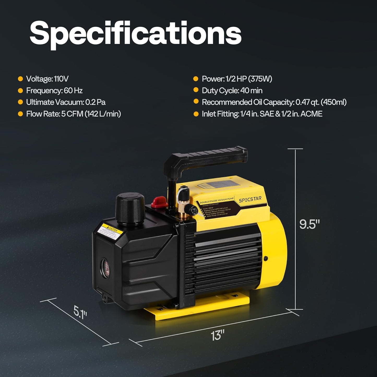 SPECSTAR 1/2 HP 5 CFM 110V Dual Stage Rotary Vane HVAC Air Vacuum Pump for R12 R22 R134a R410a Systems with 2 Oil Bottles