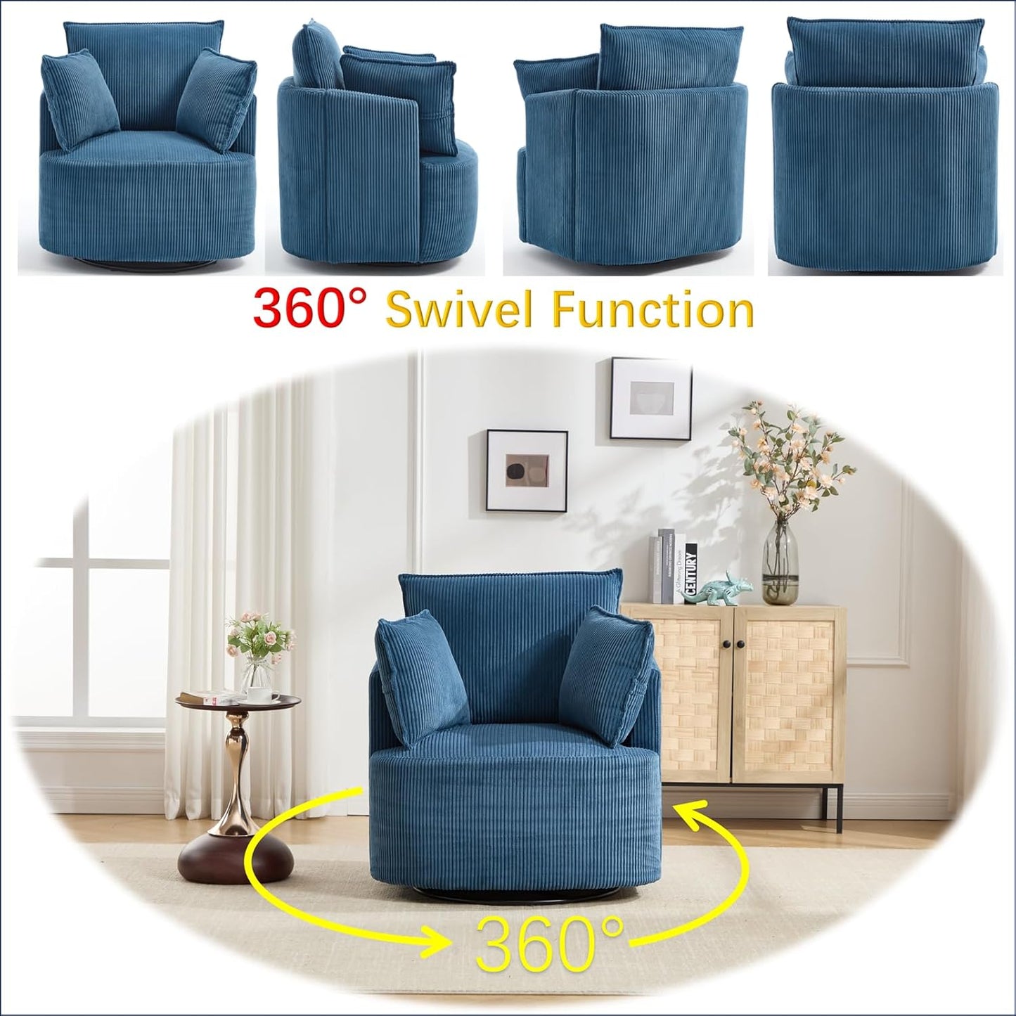 Swivel Accent Chair – Round Swivel Chair for Living Room, Corduroy Barrel Sofa Chair, 360° Rotating Lounge Chair, Easy Assembly(Blue)