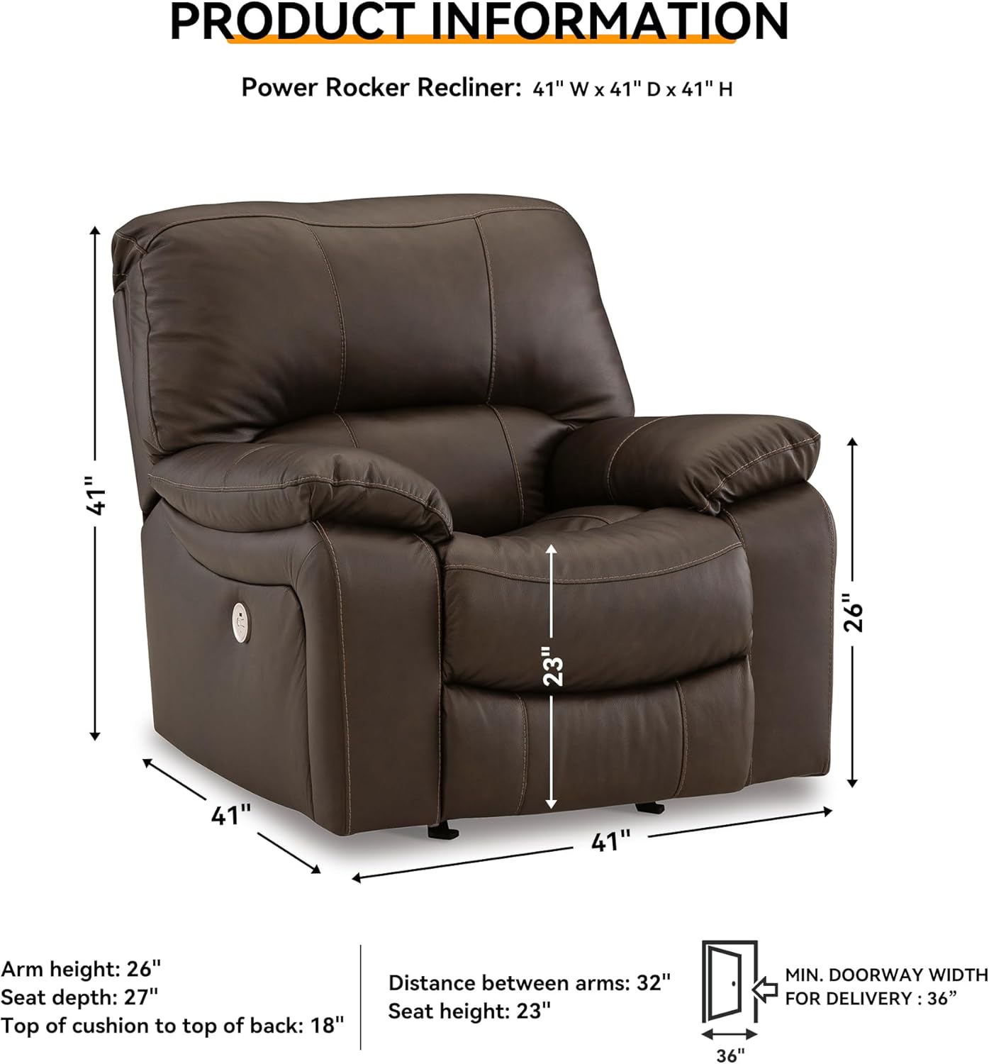 Signature Design by Ashley Leesworth Contemporary Leather Match Power Rocker Recliner with USB Ports, Dark Brown