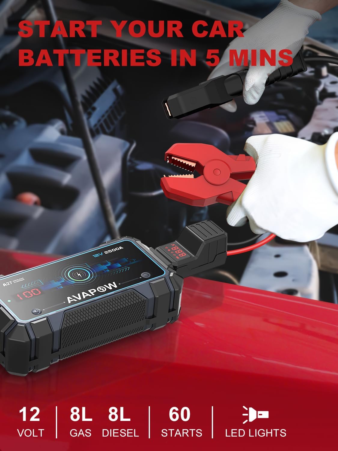 AVAPOW Jump Starter Car Battery 2500A Peak,Portable Jump Starters for Up to 8L Gas 8L Diesel Engine with Booster Function,Wireless Charging Design,12V Lithium Jump Pack with Smart Safety Clamp, IP65