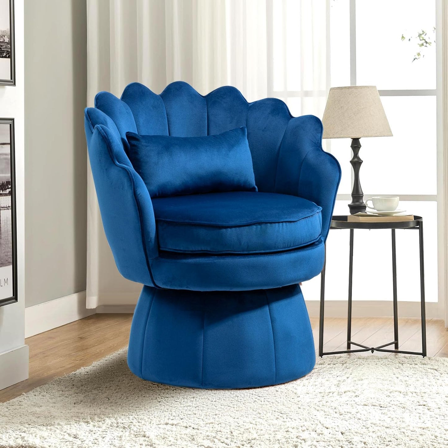 Swivel Barrel Chairs Set of 2, Small Accent Armchair, Navy Blue Velvet Upholstered, Mid-Century Modern Style, for Living Room/Bedroom/Waiting Room, for Relaxing & Reading, Pillow Included