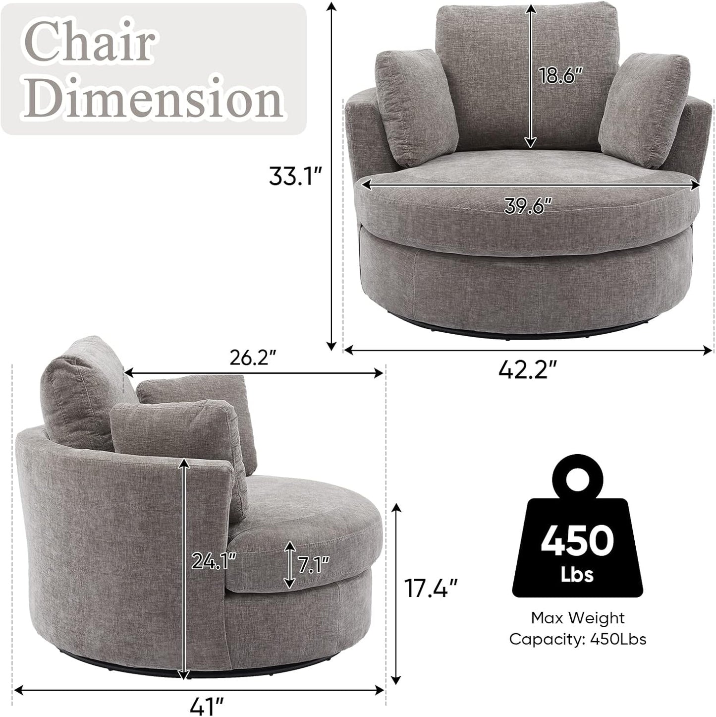 SLEERWAY Oversized Swivel Chairs Set of 2, Big Comfy Round Accent Barrel Chair and A Half Bucket Loveseat Bedroom Club Reading Lounge Living Room Furniture Set (Grey)