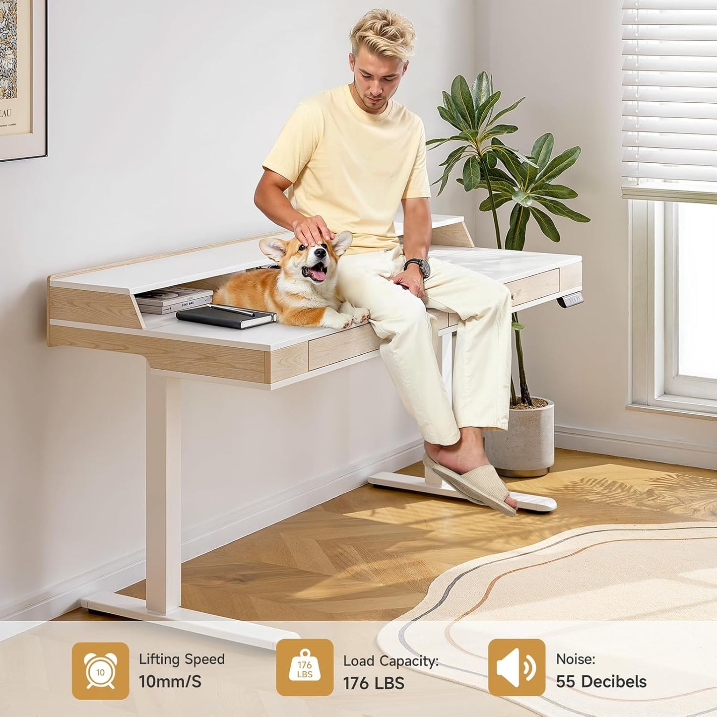 Standing Desk with Drawers, 63x23.6 Inch Electric Stand Up Desk with Storage Shelf and Memory Controller, Sit Stand Desk Adjustable Height from 28-46 Inch for Computer Workstation, White